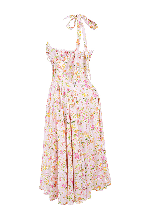 Adabella Pink Meadow Print Cotton Halter Midi Sundress - luluinthesky
