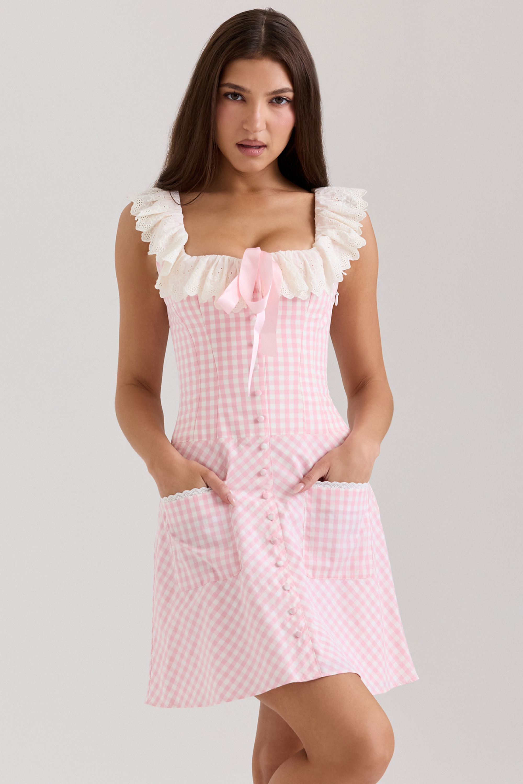 Astra Pink Gingham Cotton Ruffle Neck Mini Dress - luluinthesky