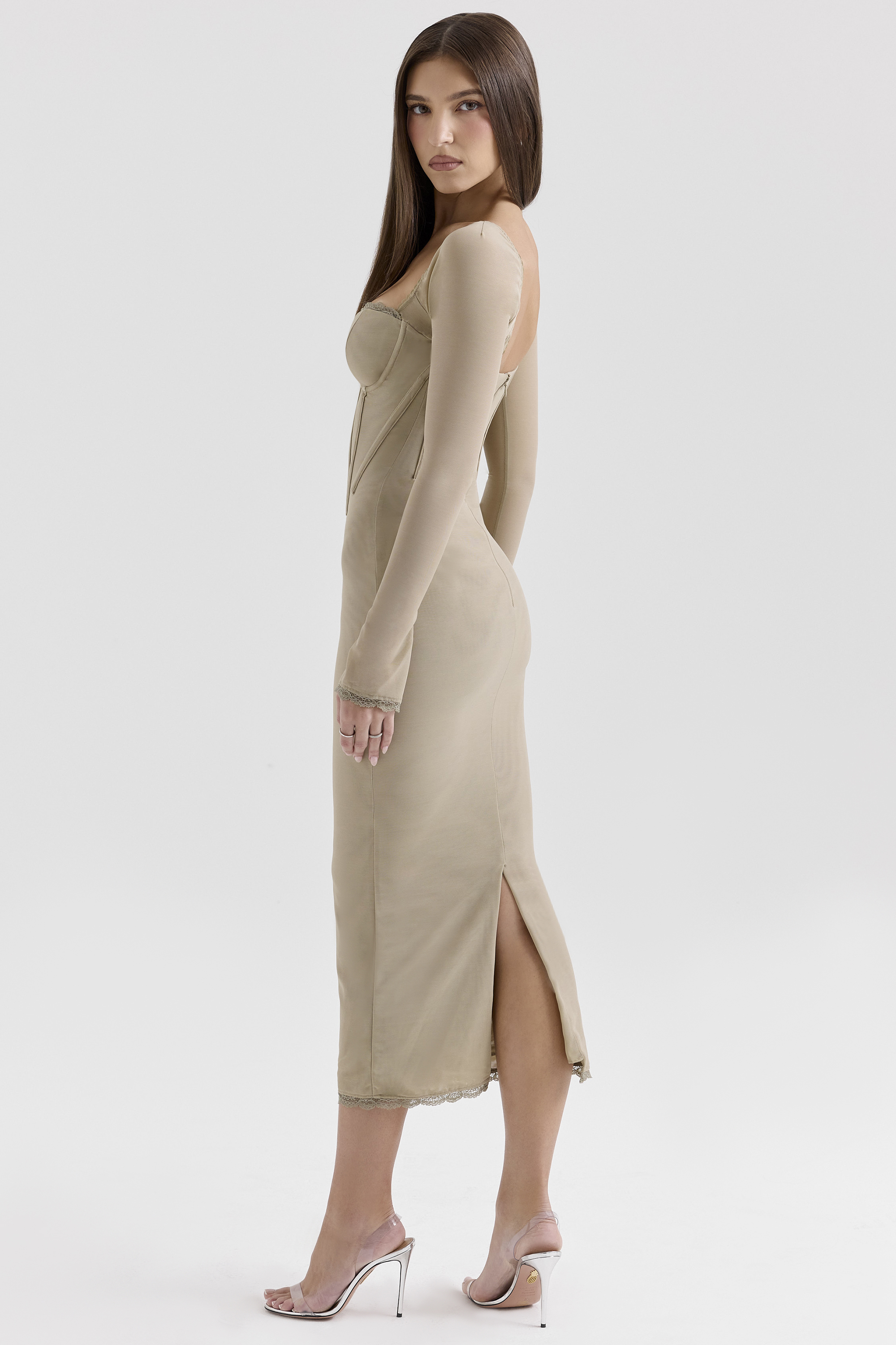 Saisha Beige Mesh Long Sleeve Bodycon Midi Dress - luluinthesky