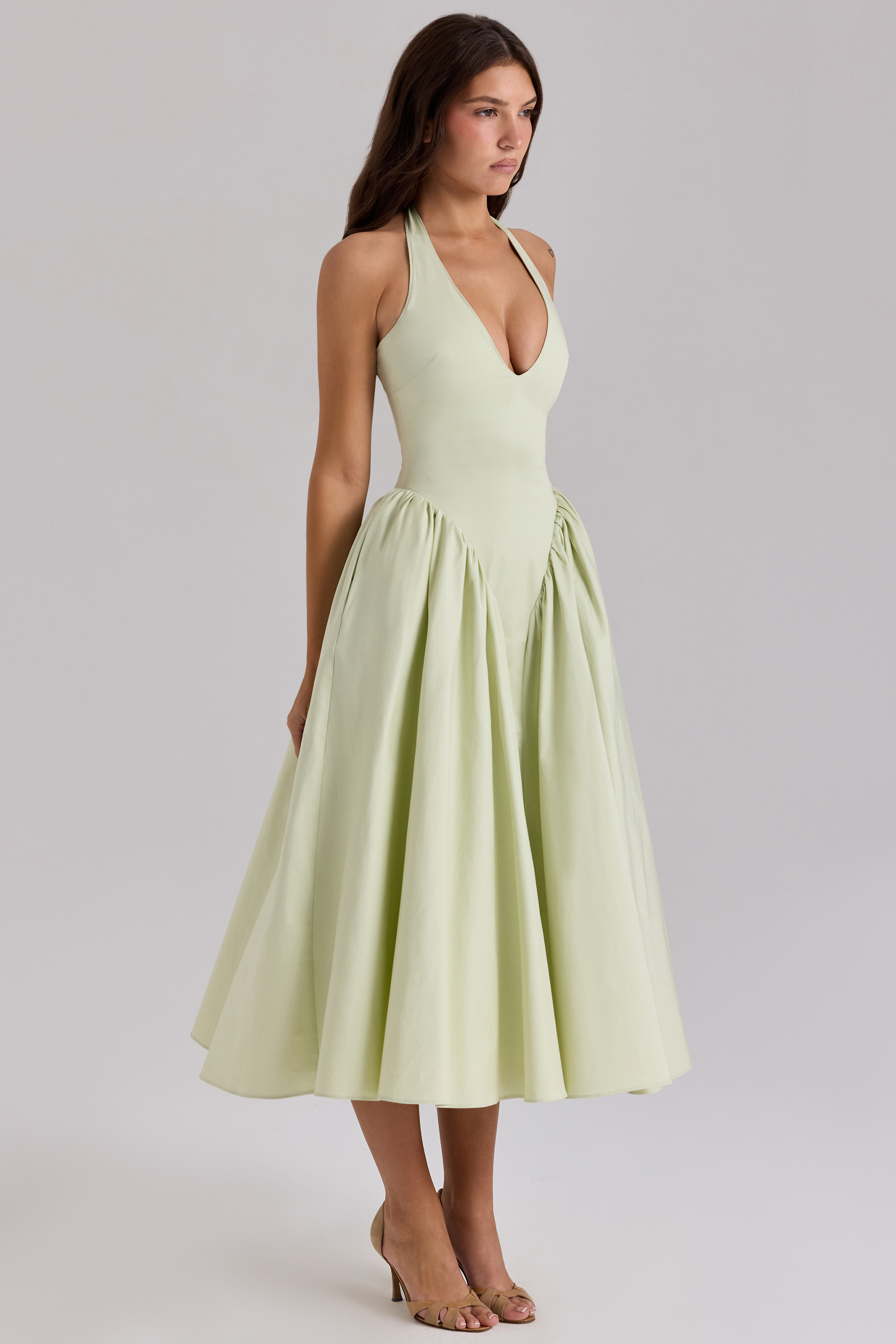 Marilyn Pistachio Cotton Halter Midi Sundress - luluinthesky