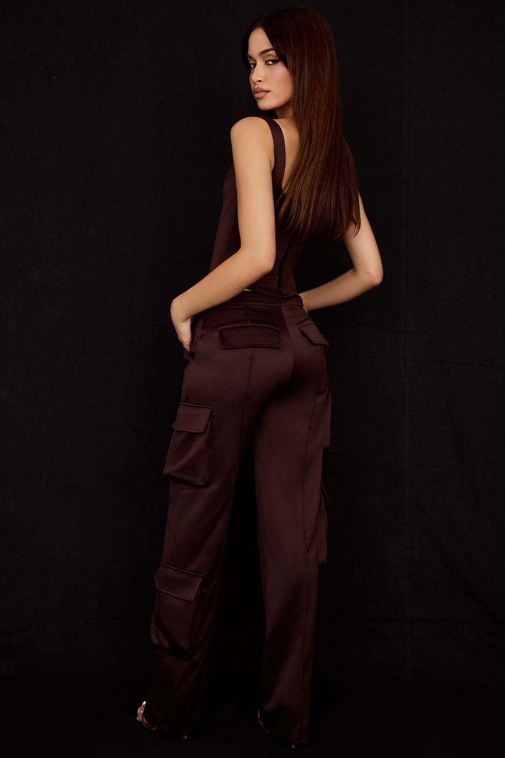 Daria Chocolate Satin Cargo Trousers - luluinthesky