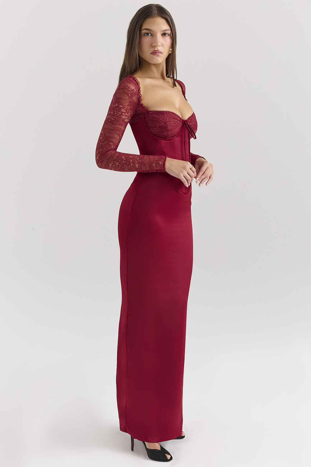 Perdi Berry Satin Maxi Dress with Corset - luluinthesky