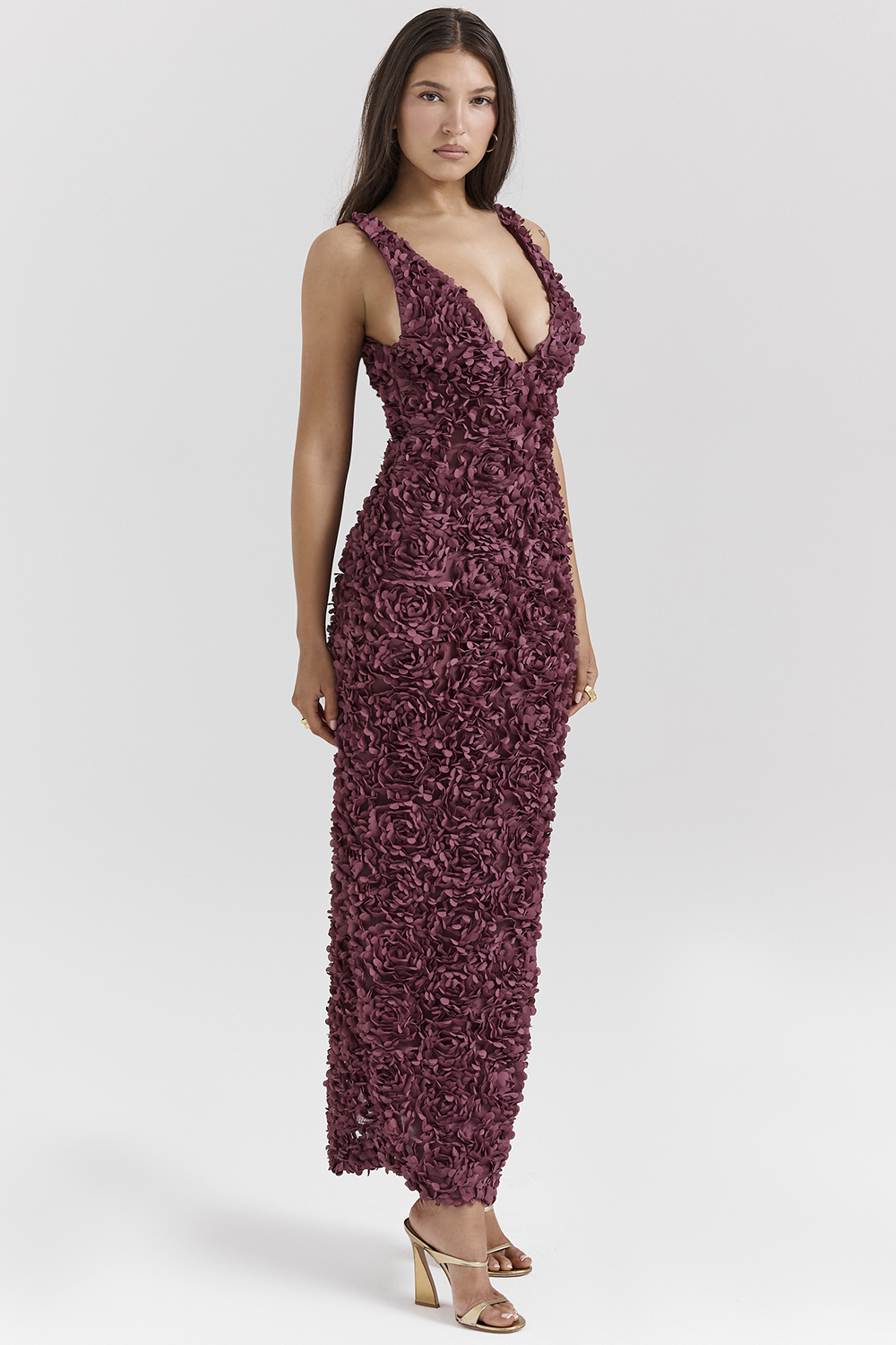 Carena Merlot Plunge Floral Appliqué Maxi Dress - luluinthesky