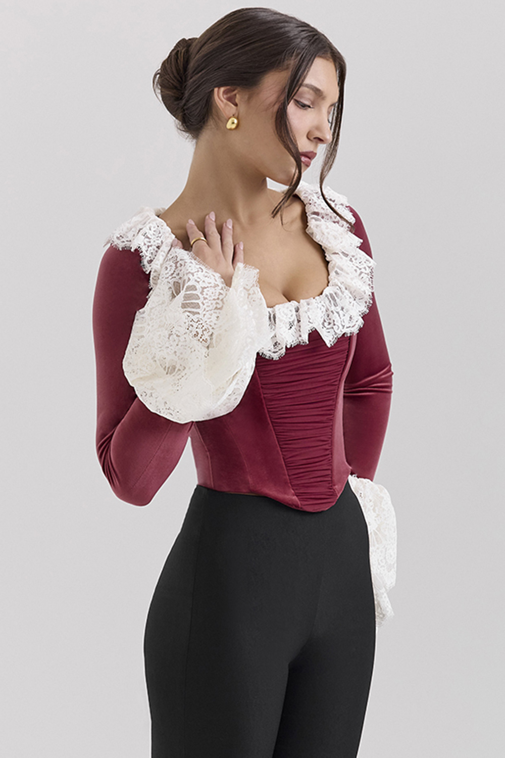 Jacinda Cabernet Velvet Lace Trimmed Corset Top - SALE - luluinthesky