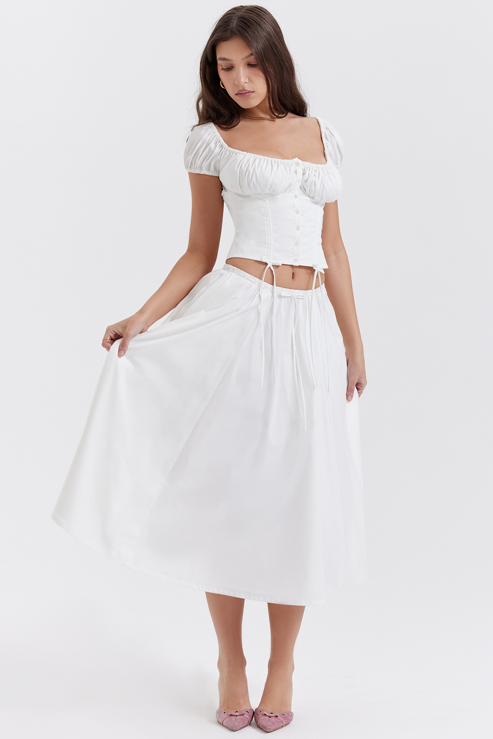 Cora White Gathered Midi Skirt - luluinthesky