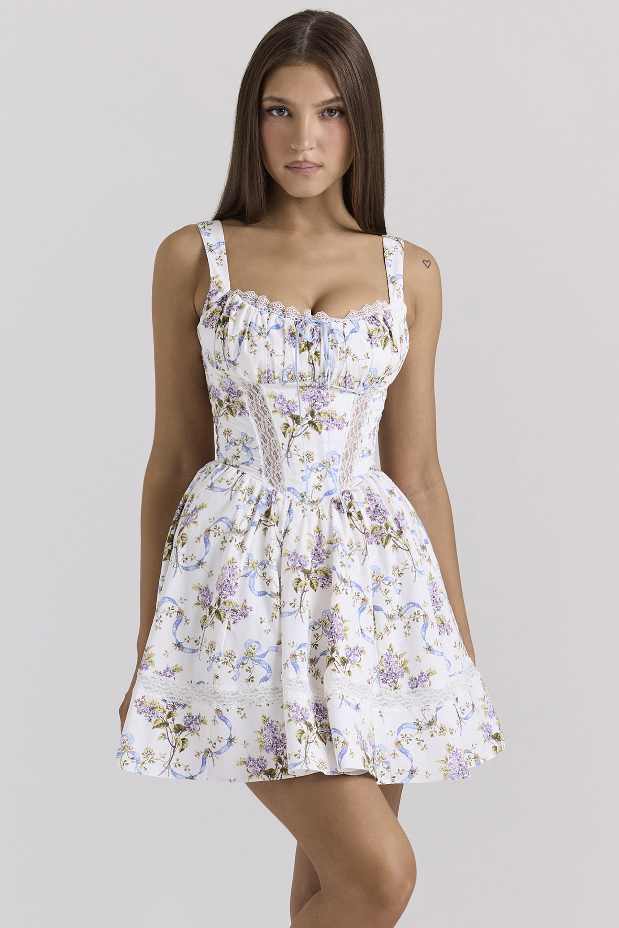 Kimmie White Floral Ribbon Print Cotton Mini Dress - luluinthesky