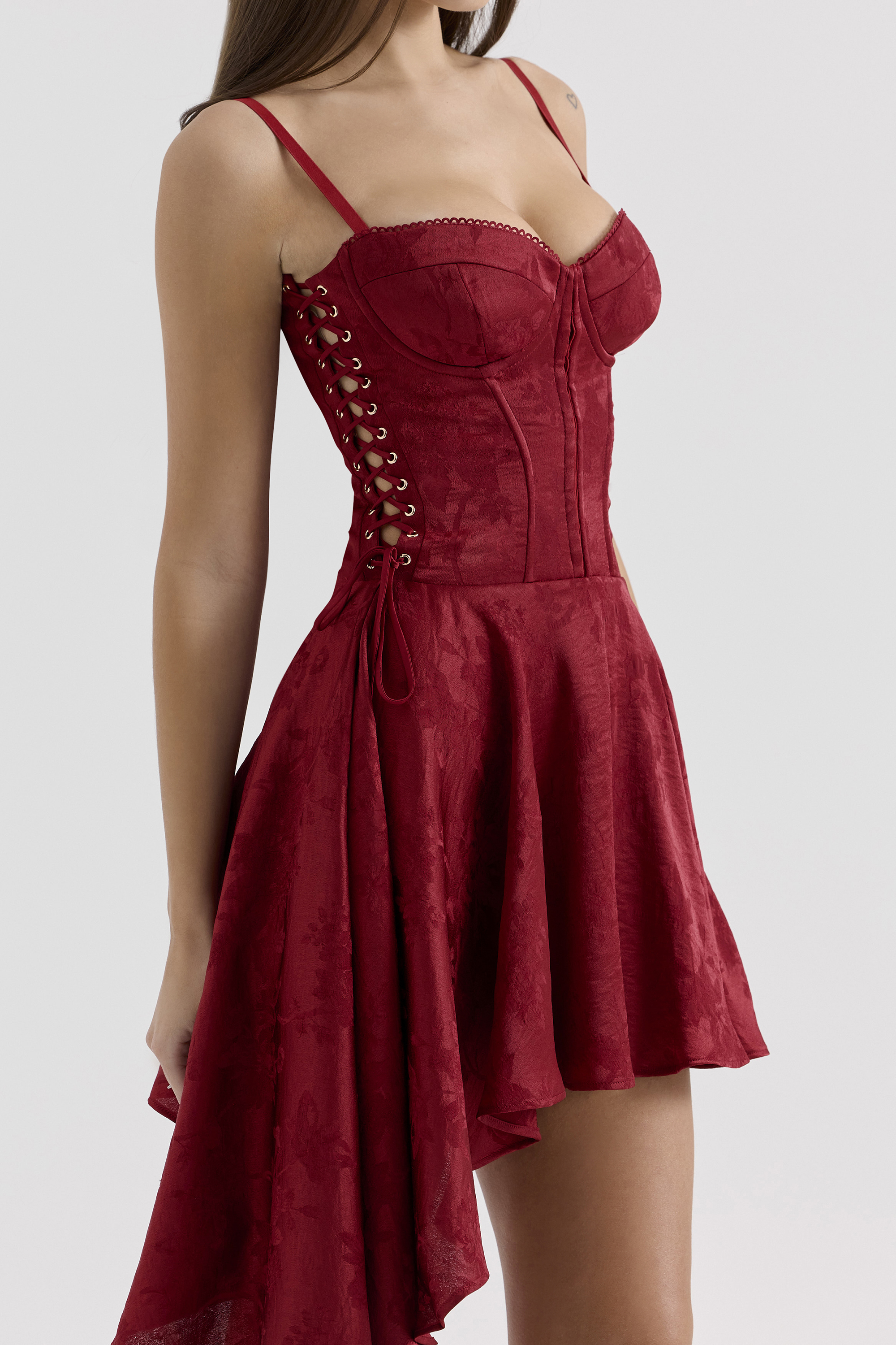 Lola Wine Jacquard Satin Draped Mini Dress - luluinthesky