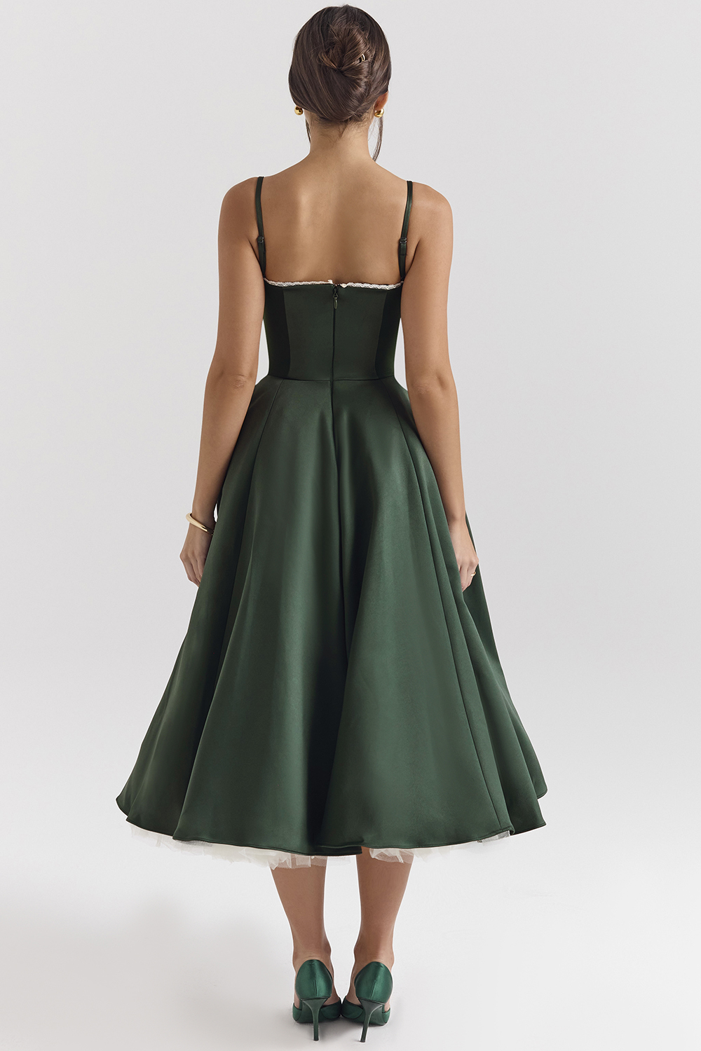 Mademoiselle Forest Green Satin Tulle Midi Dress - luluinthesky