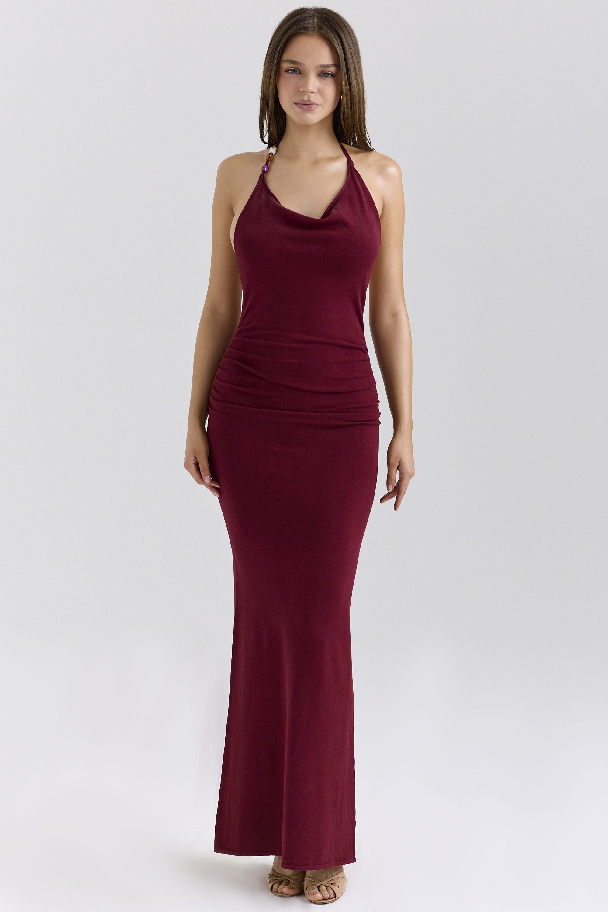 Thalina Wine Draped Halter Neck Maxi Dress - luluinthesky