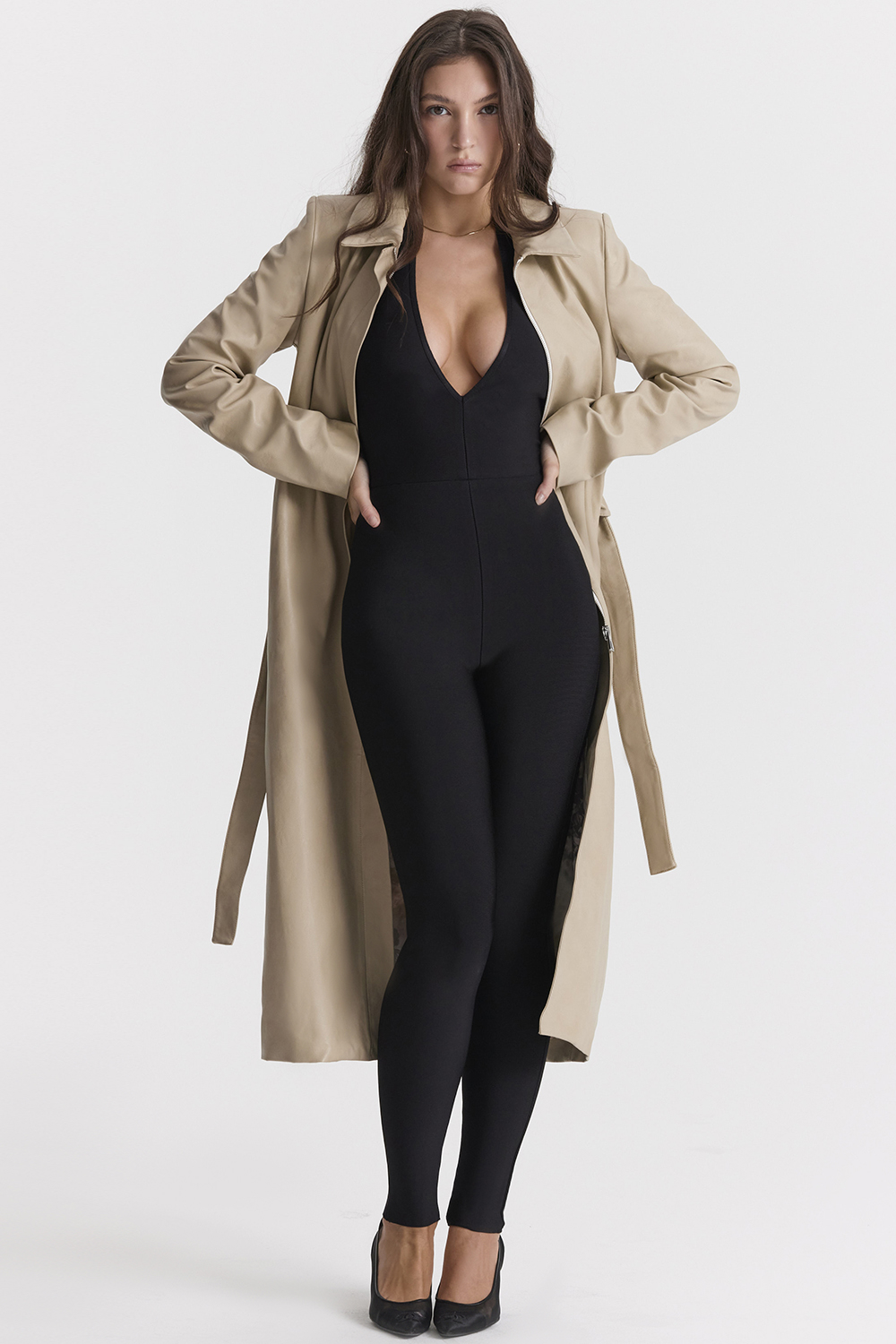 Ariel Beige Vegan Leather Trench Coat - luluinthesky