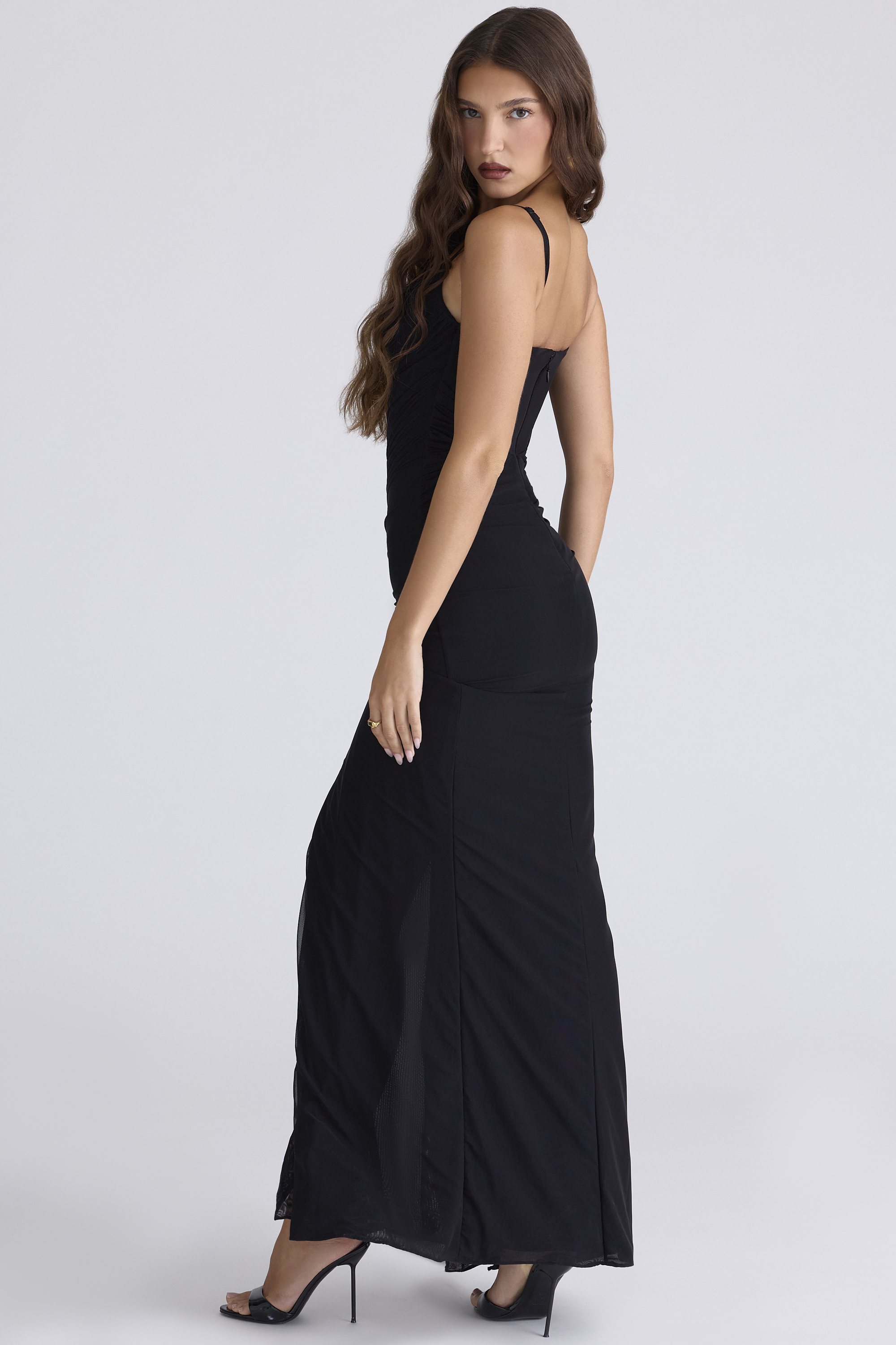 Issey Black Stretch Mesh Draped Maxi Dress - luluinthesky
