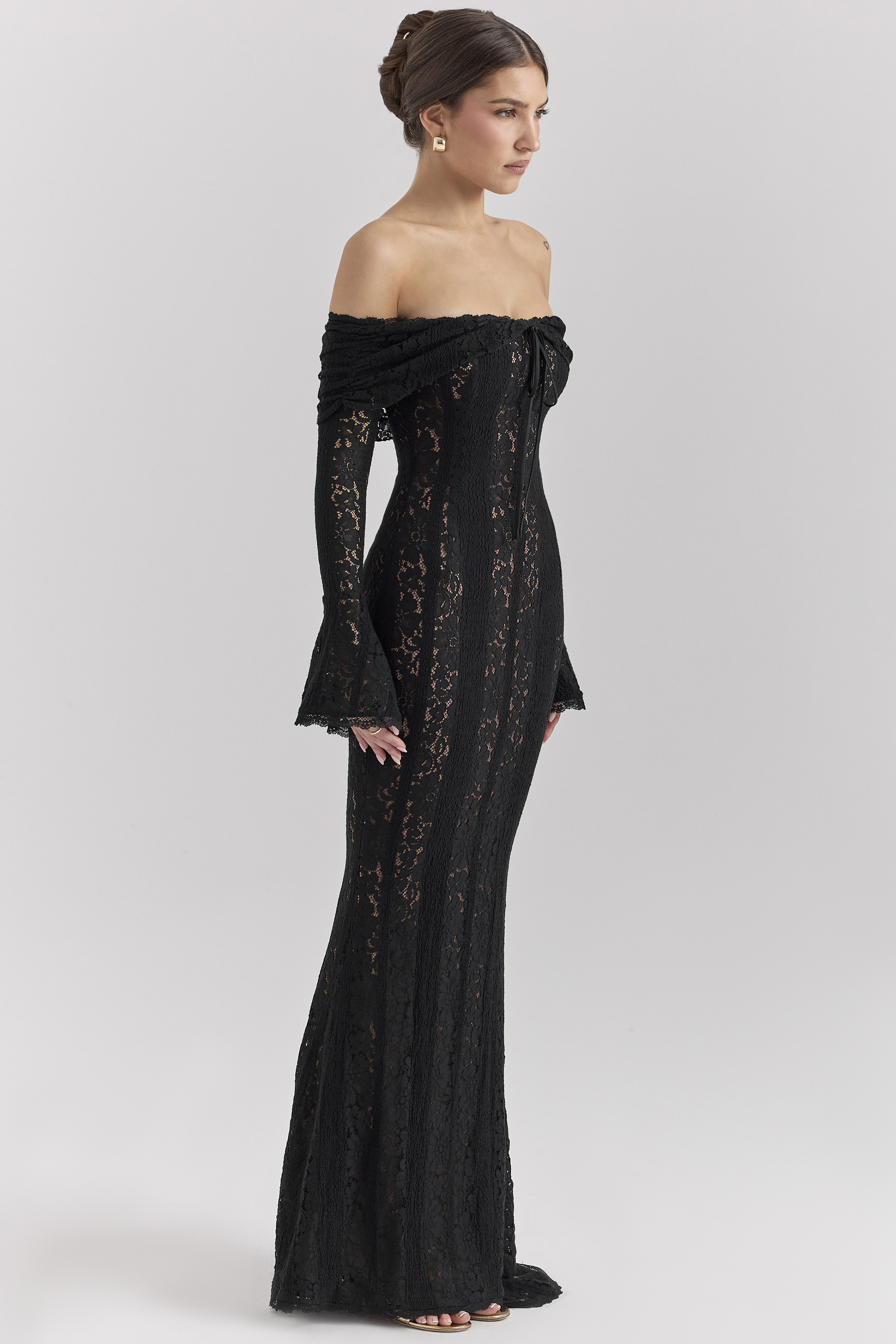 Belle Black Off Shoulder Floral Lace Maxi Dress - luluinthesky