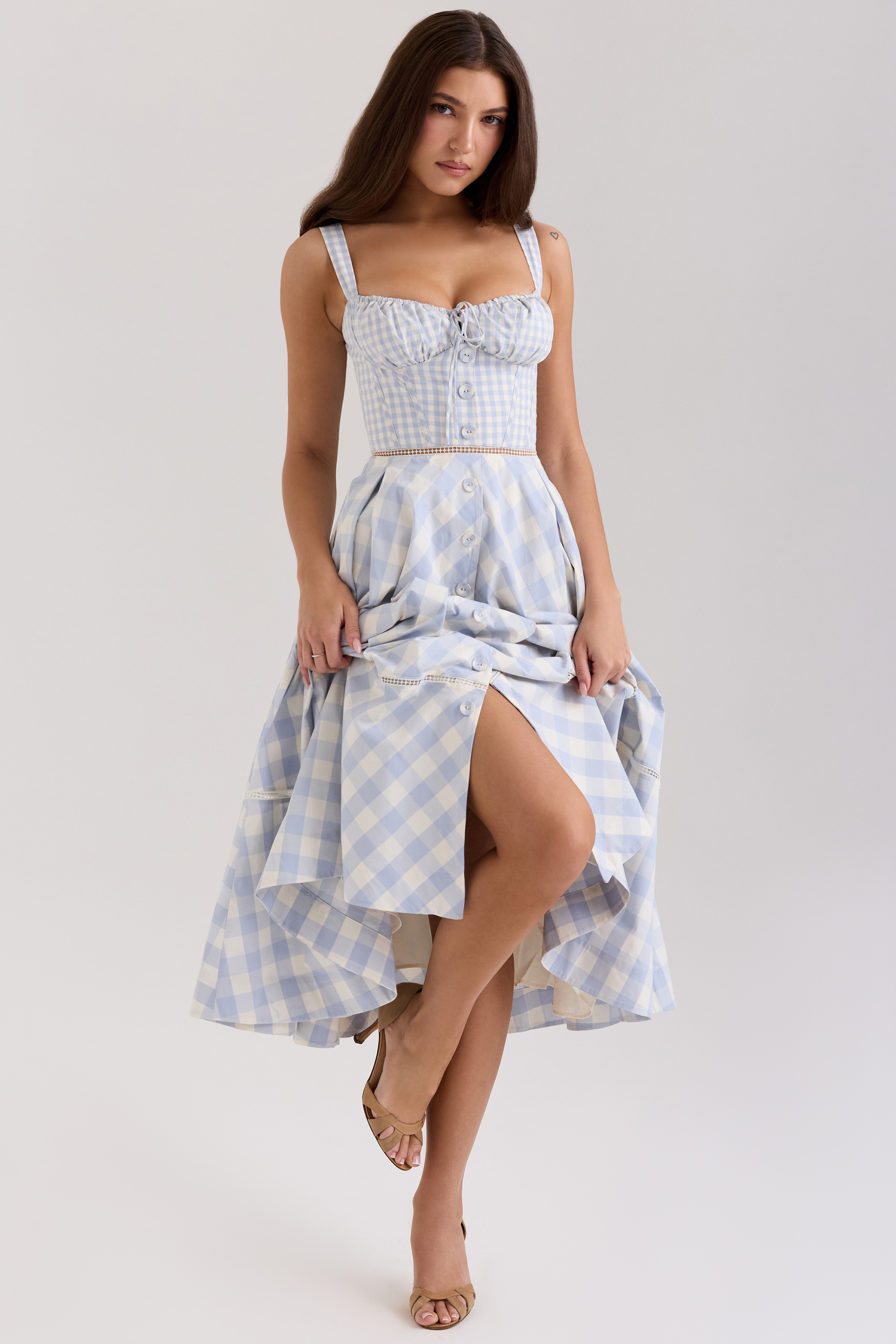 Chiarina Light Blue Gingham Stretch Cotton Midi Dress - luluinthesky