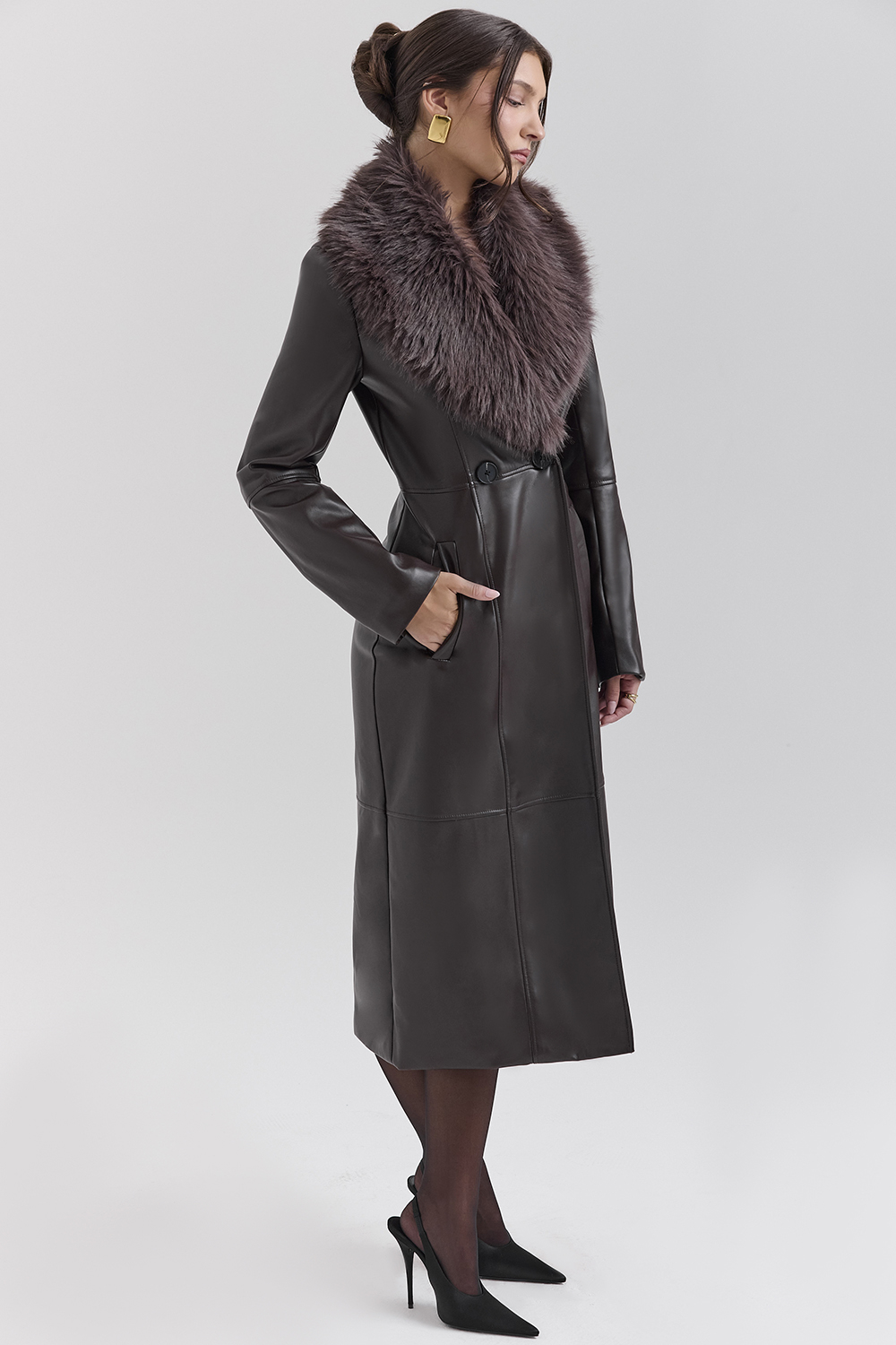 Marcel Brown Faux Fur Trimmed Vegan Leather Coat - luluinthesky