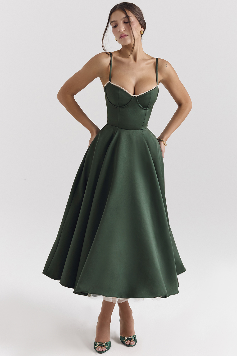 Mademoiselle Forest Green Satin Tulle Midi Dress - luluinthesky