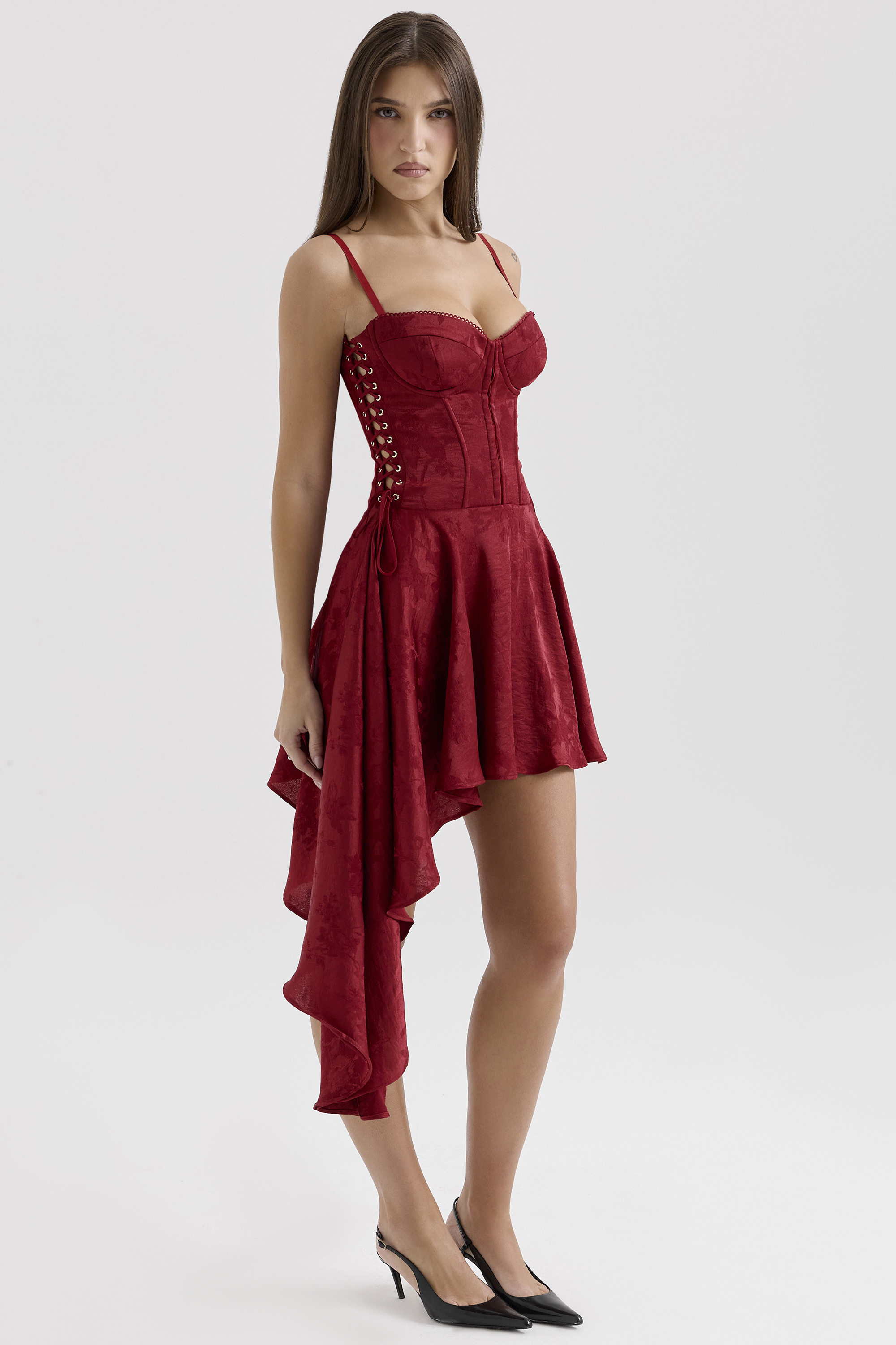 Lola Wine Jacquard Satin Draped Mini Dress - luluinthesky