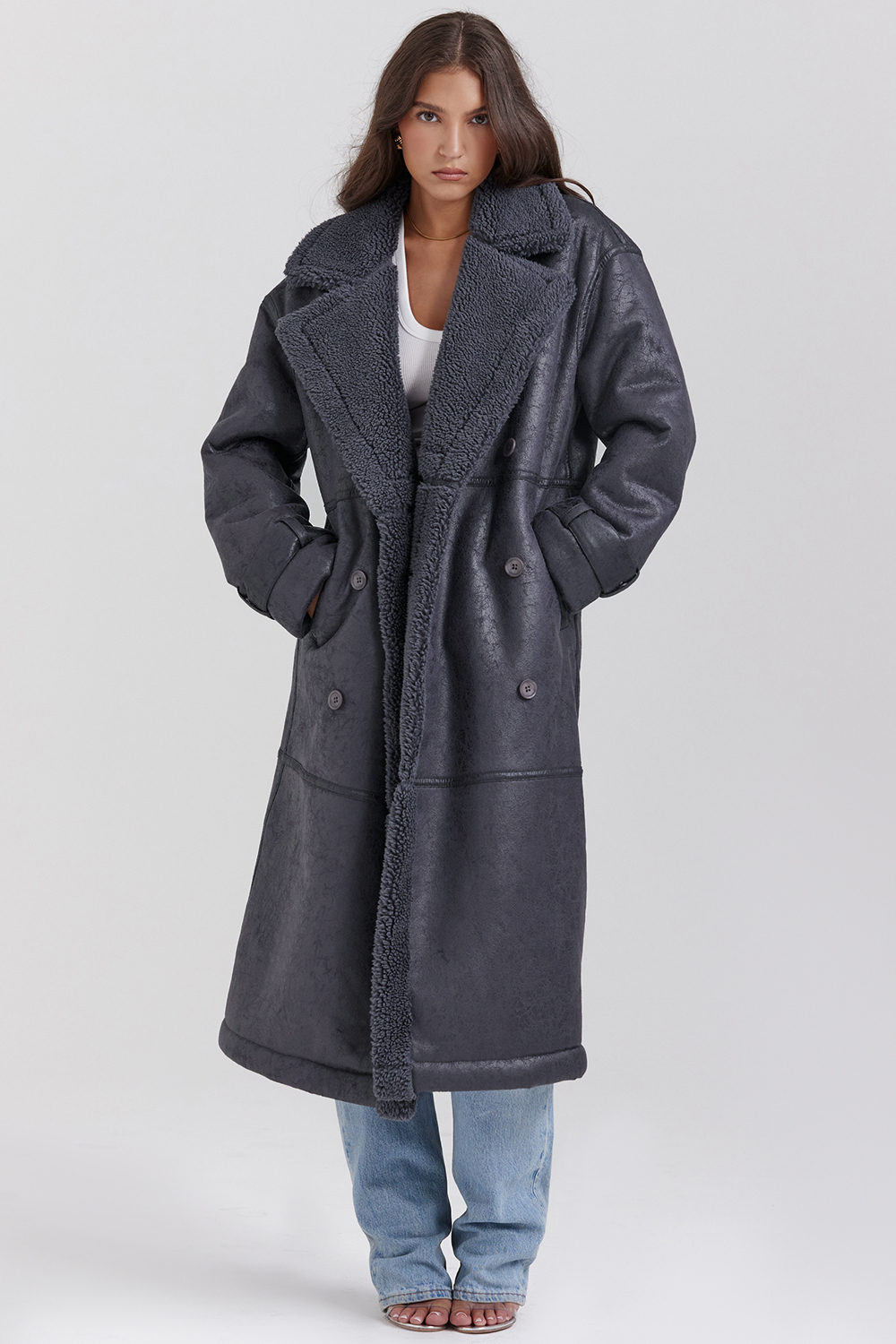 Deiji Grey Vegan Shearling Coat - luluinthesky