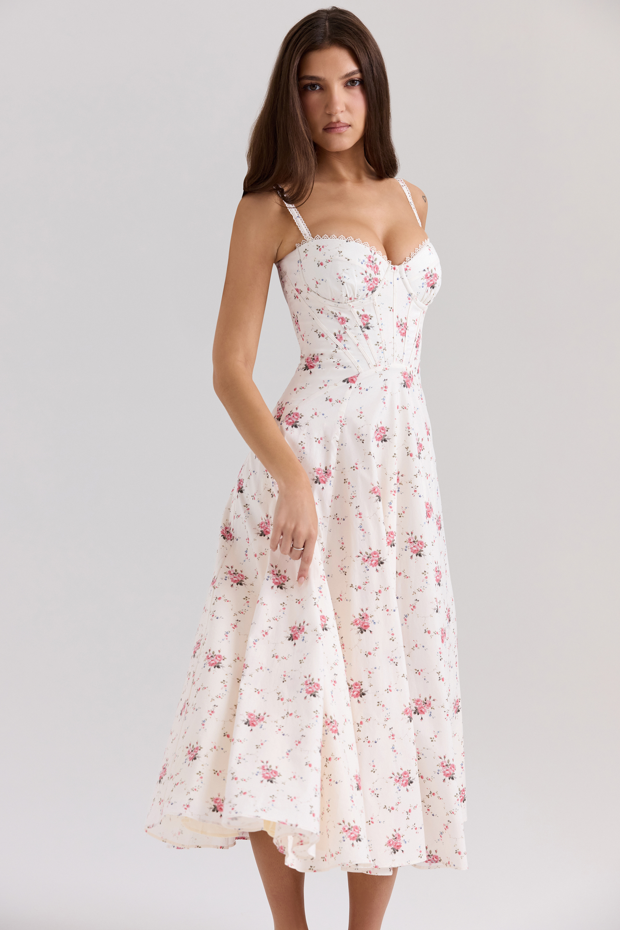 Steffani White Stretch Cotton Rose Print Midi Sundress - luluinthesky
