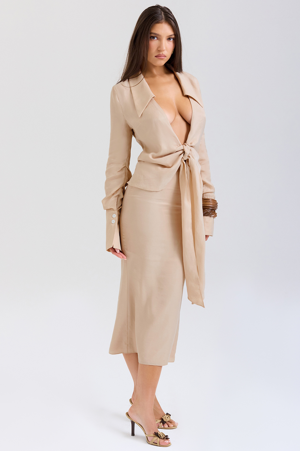 Nevaeh Almond Plunge Shirt Midi Dress - luluinthesky