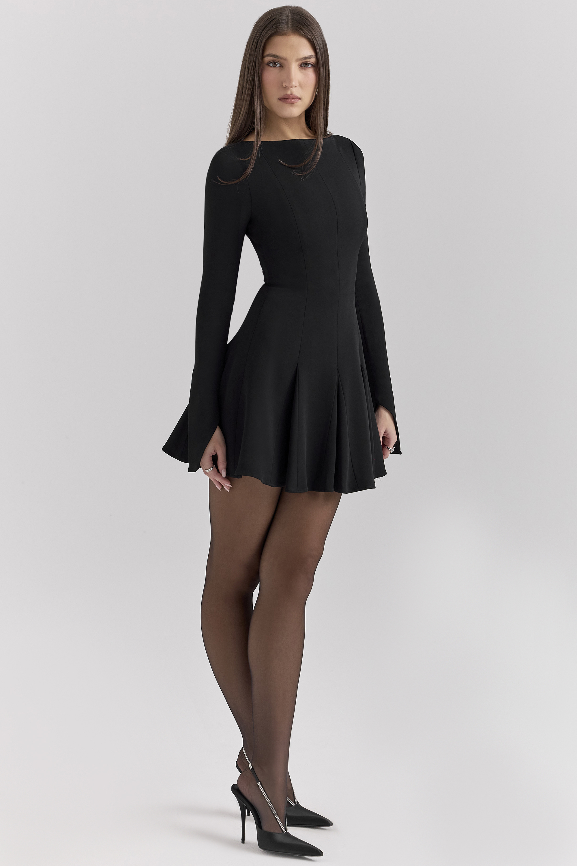Francesca Black Stretch Crepe Godet Mini Dress - luluinthesky