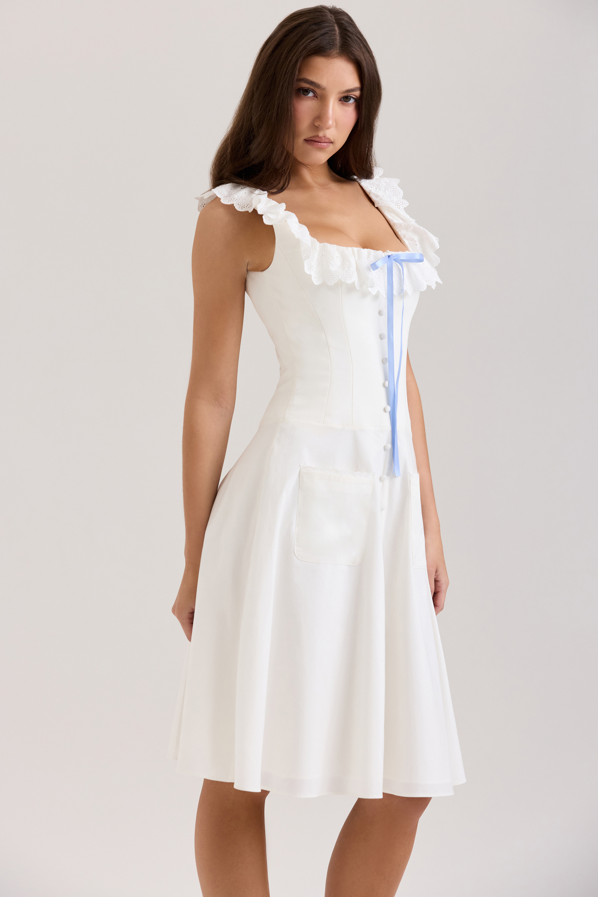 Mathilde White Cotton Broderie Anglaise Trim Midi Dress - luluinthesky