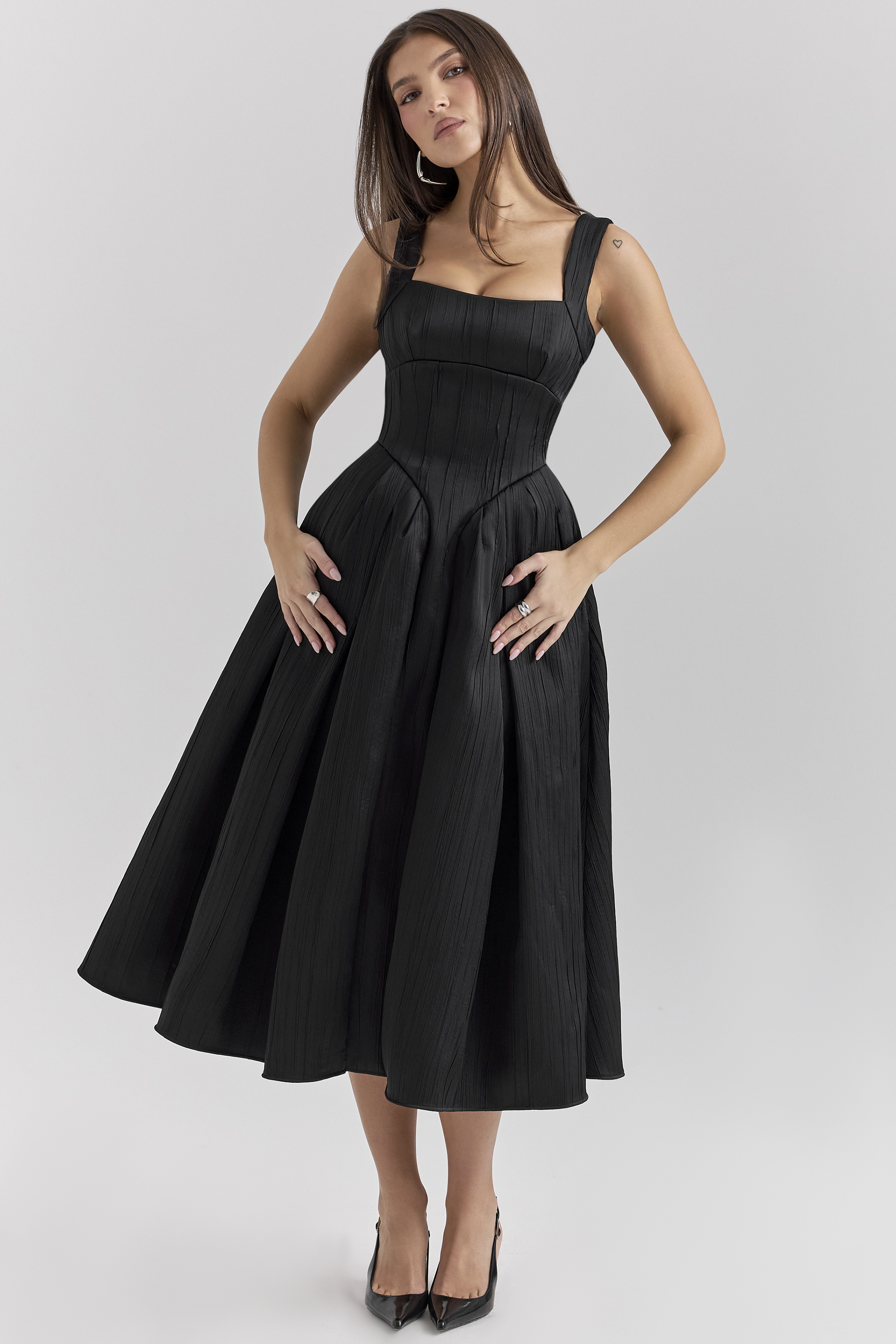 Isabeau Black Textured Satin Corset Midi Dress - luluinthesky