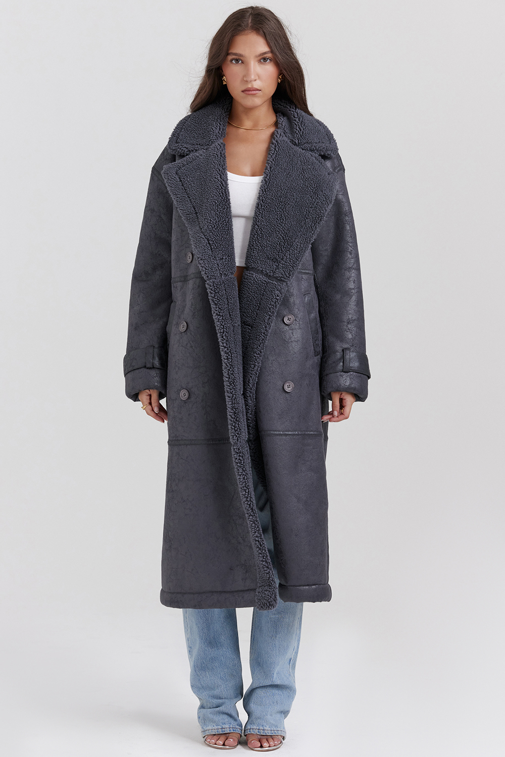 Deiji Grey Vegan Shearling Coat - luluinthesky