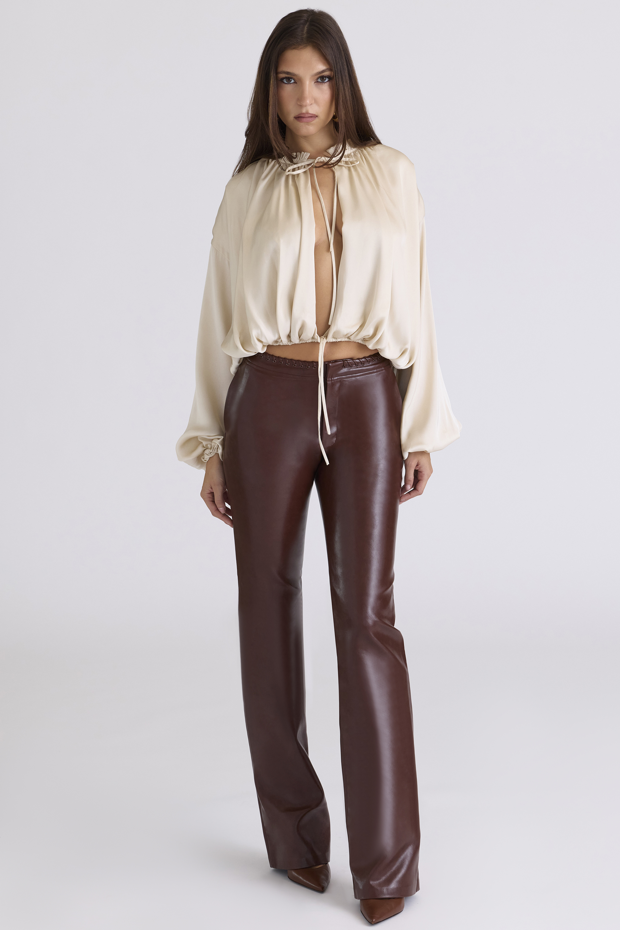 Talia Ecru Satin Open Front Blouse - luluinthesky