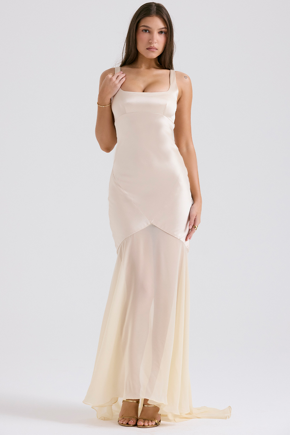 Vittoria Champagne Chiffon Floor Length Gown - luluinthesky