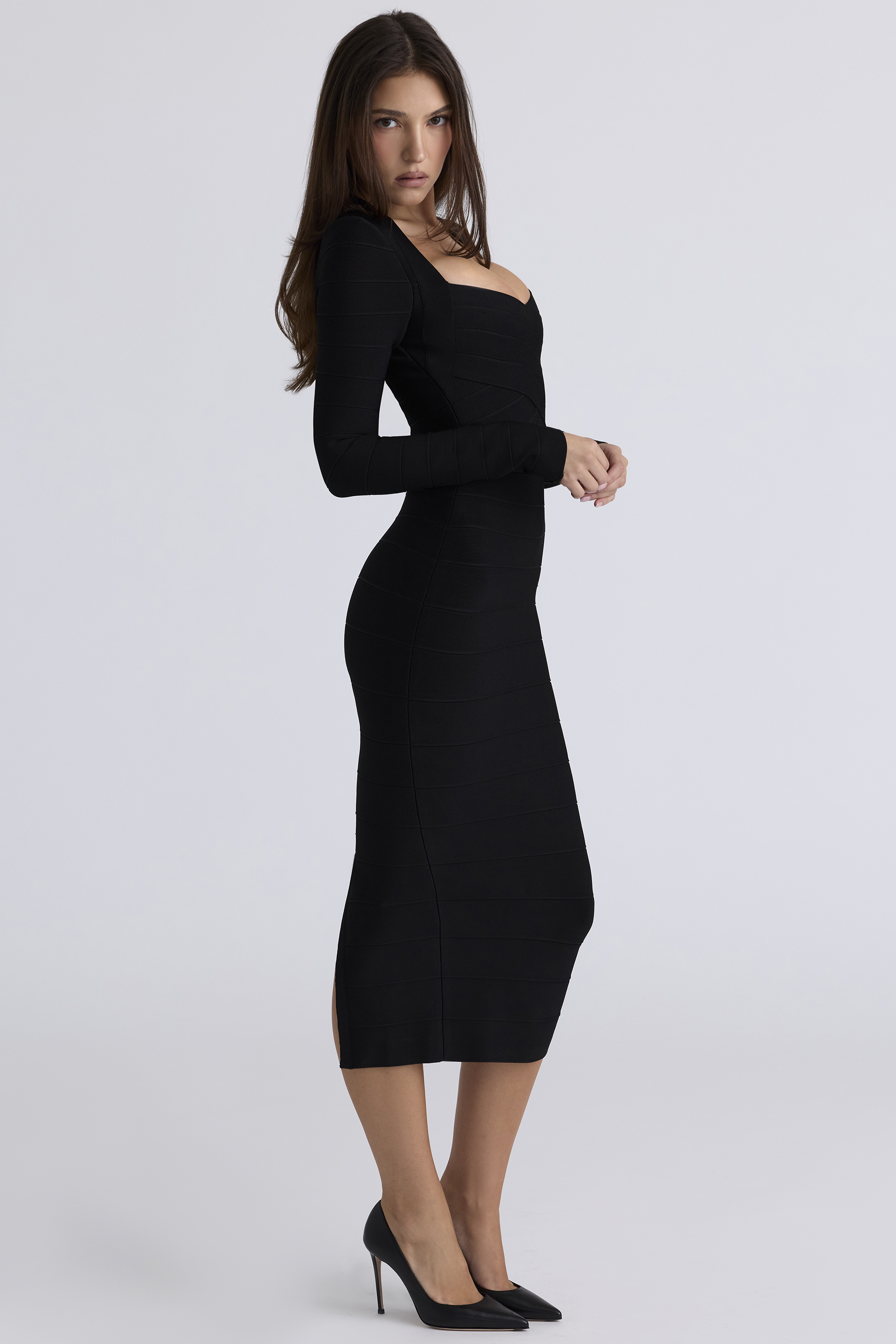 The Naomi Black Long Sleeve Bandage Midi Dress - luluinthesky