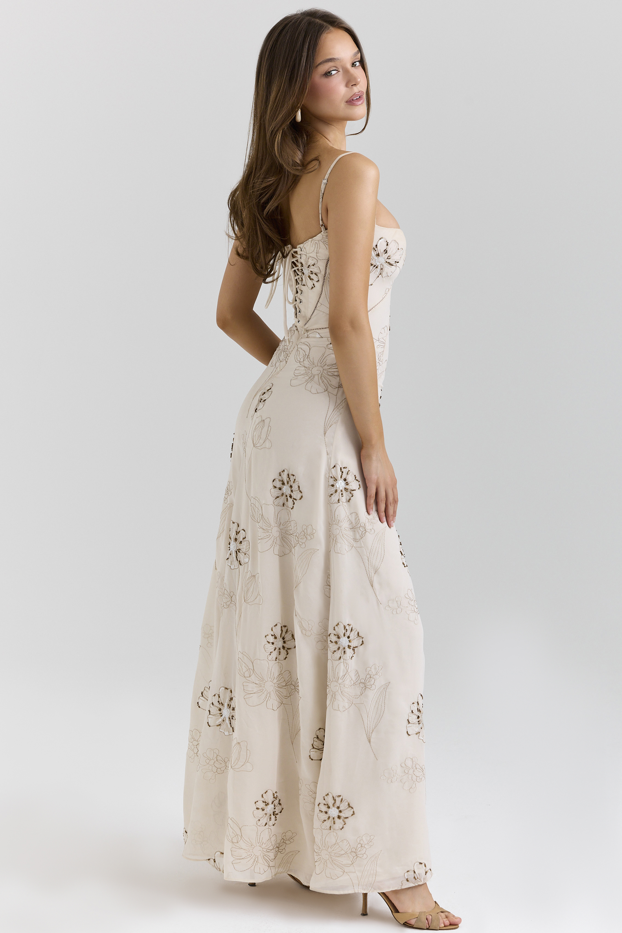 Seren Vanilla Embroidered Hand Beaded Floral Maxi Dress - luluinthesky