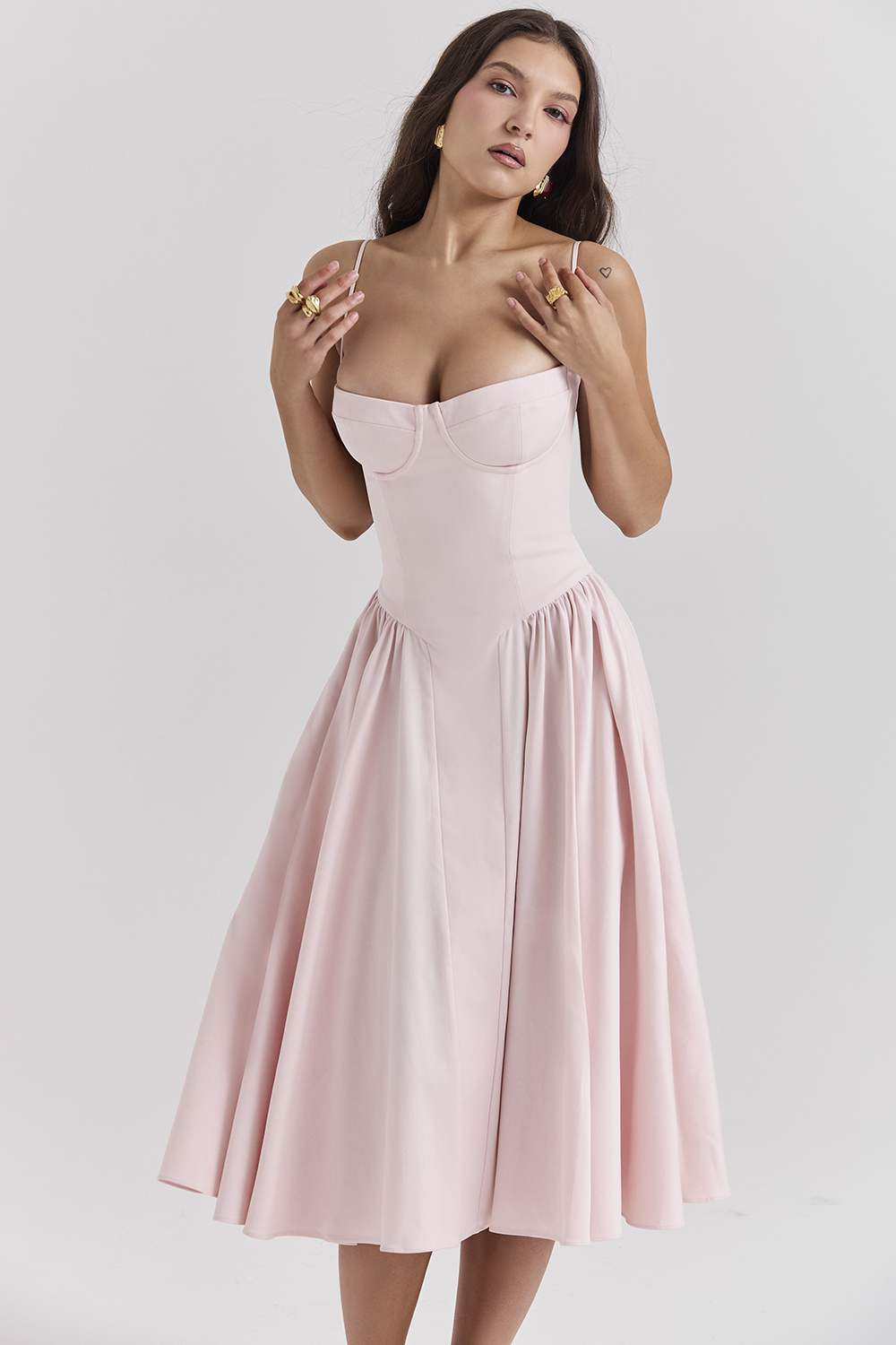 Samaria Ballerina Pink Twill Corset Midi Dress - luluinthesky