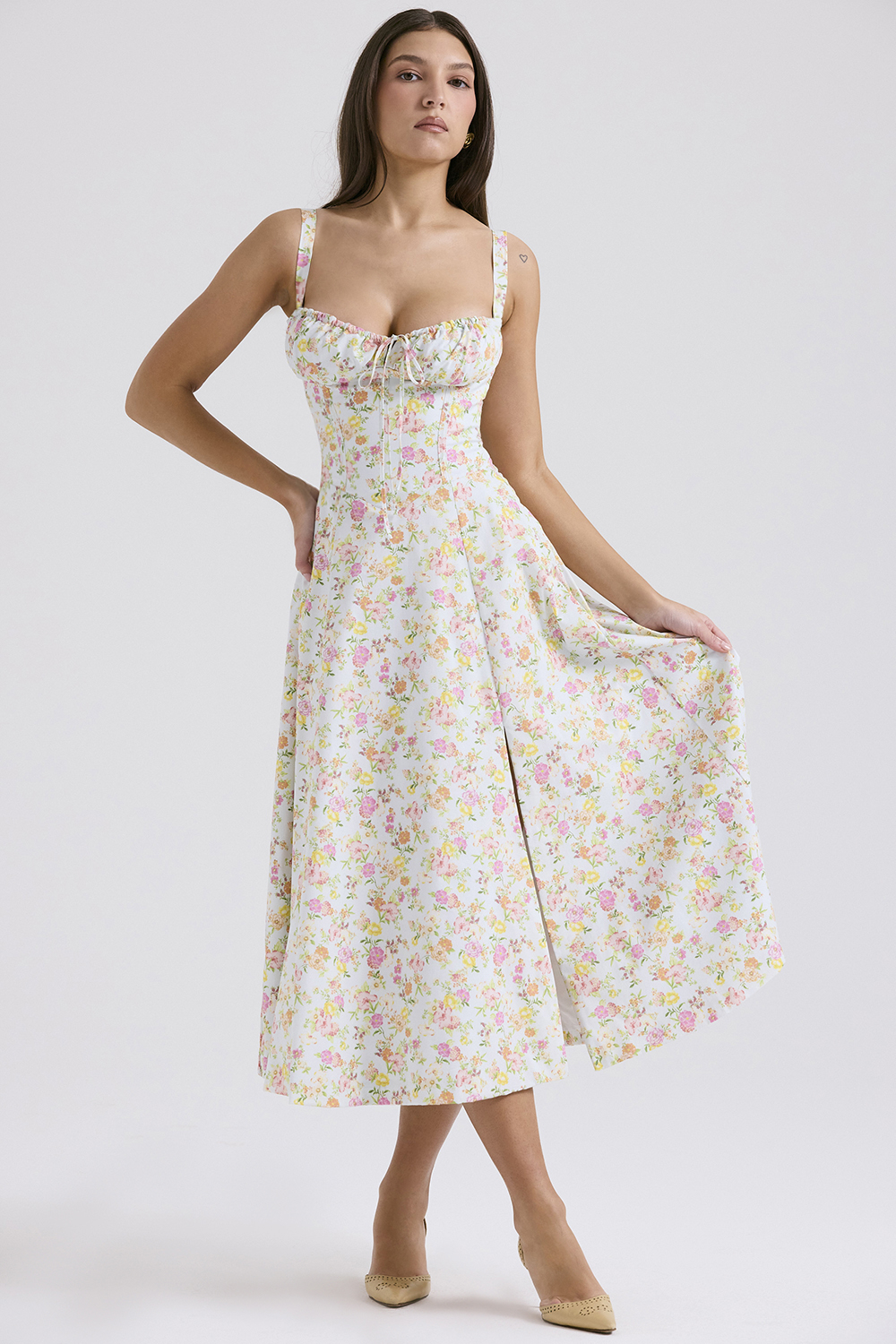 Carmen Pale Blue Meadow Print Cotton Bustier Sundress - luluinthesky