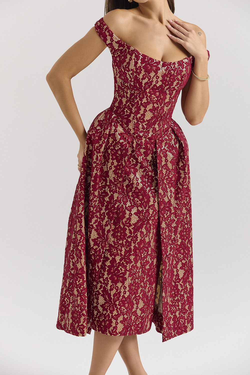 Charming Gold and Berry Lace Midi Off Shoulder Dress - luluinthesky