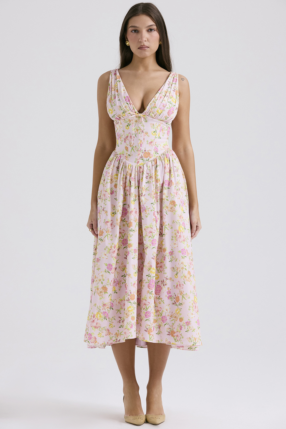 Emmelina Pink Meadow Print Cotton Corset Sundress - luluinthesky