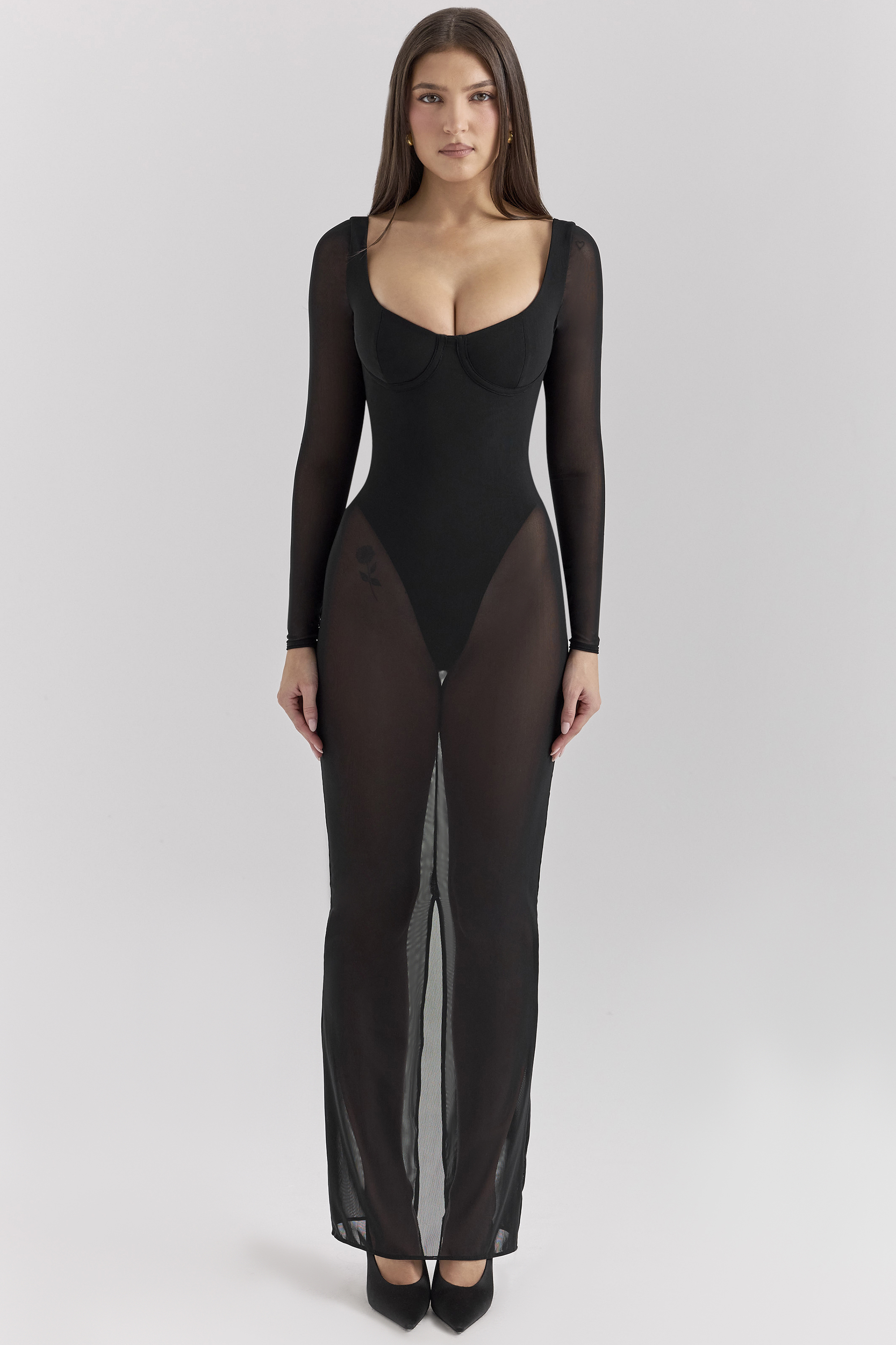 Everly Black Mesh Maxi Dress with Bodysuit - luluinthesky