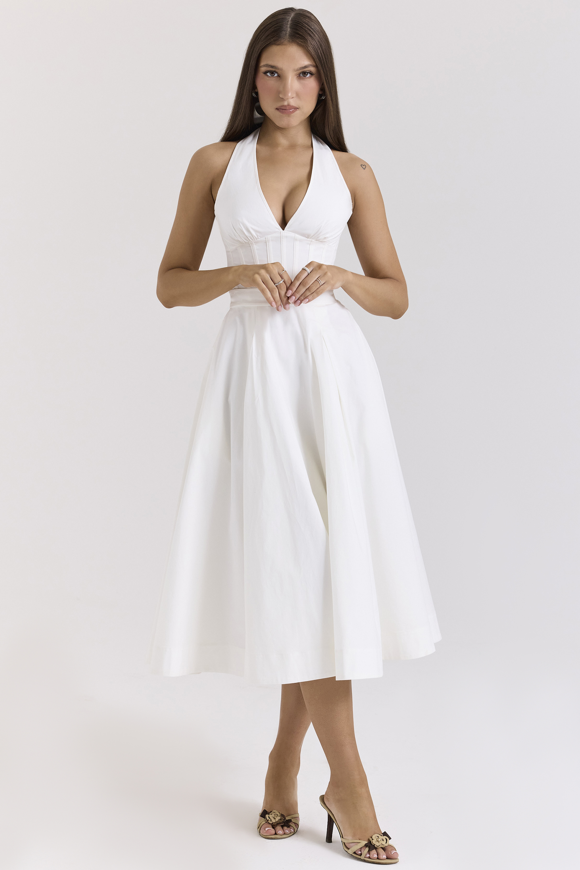 Allena White Stretch Cotton Halter Midi Sundress - luluinthesky