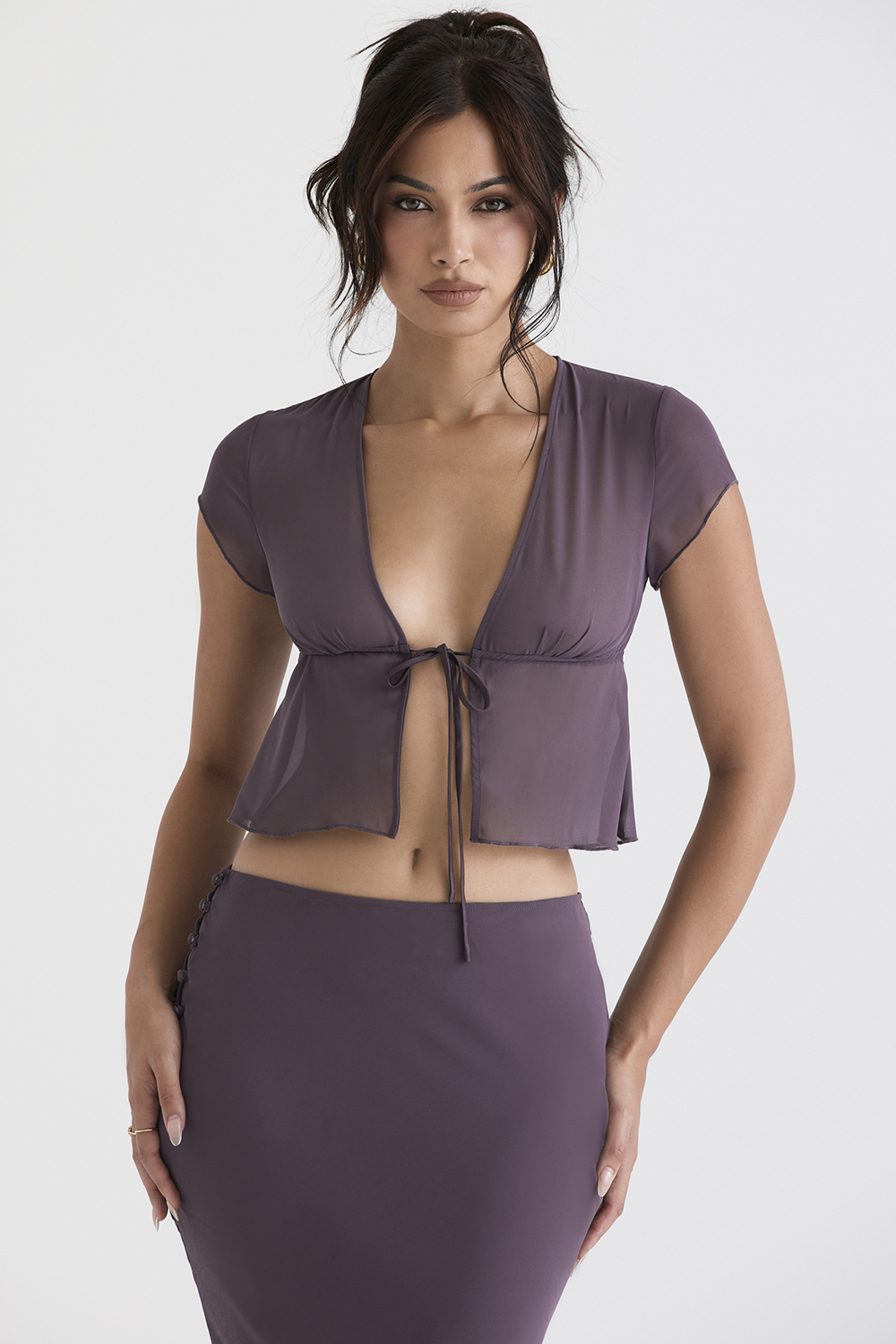 Maia Dark Mauve Tie Front Top - luluinthesky
