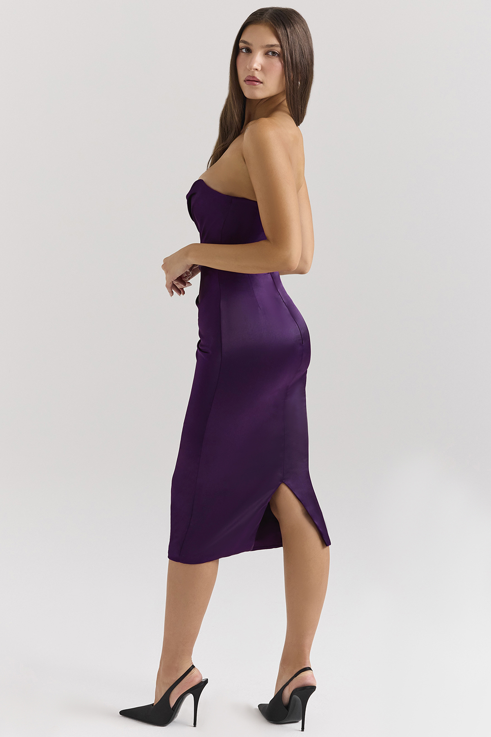 Santana Grape Satin Strapless Midi Dress - luluinthesky