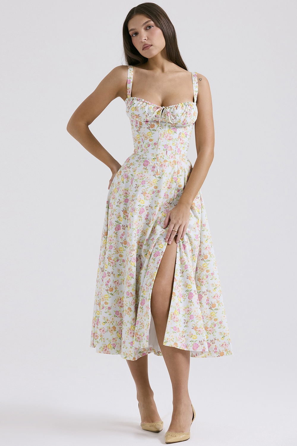 Carmen Pale Blue Meadow Print Cotton Bustier Sundress - luluinthesky