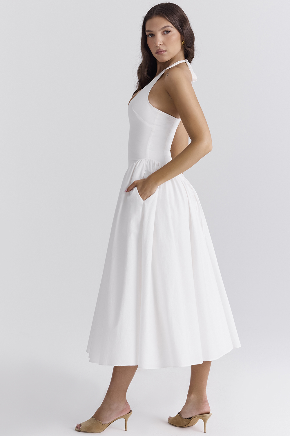 Marilyn White Cotton Halter Midi Sundress - luluinthesky