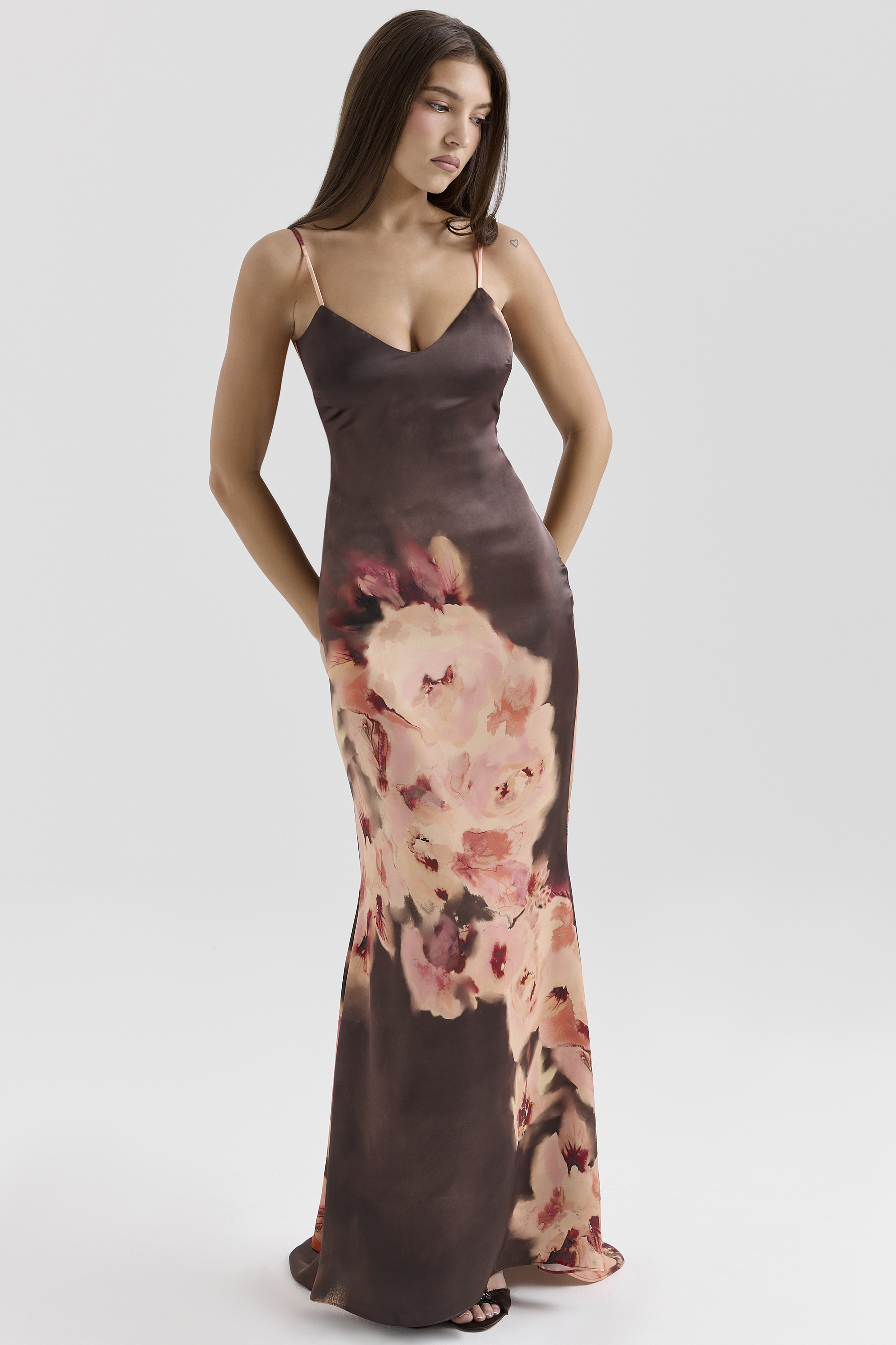 Mariamma Dark Brown Floral Printed Satin Maxi Dress - luluinthesky