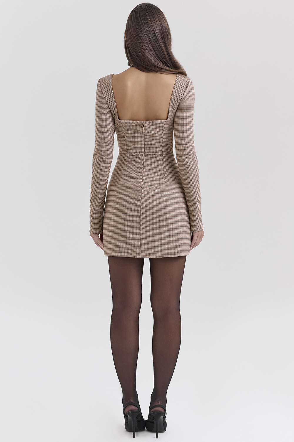 Angelie Brown Puppytooth Check Plunge Mini Dress - SALE - luluinthesky