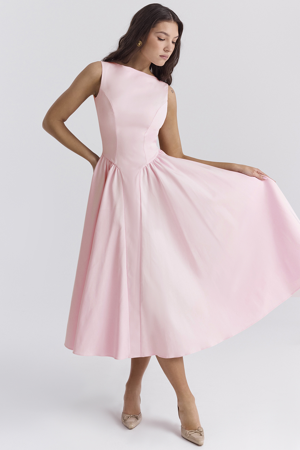 Cindy Ballerina Pink Twill Midi Sundress - luluinthesky