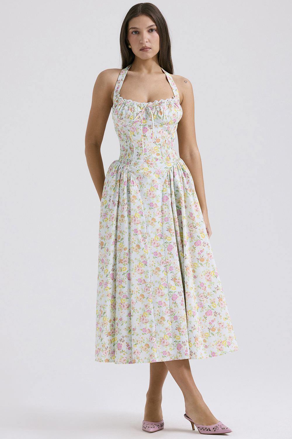 Adabella Pale Blue Meadow Print Cotton Halter Sundress - luluinthesky