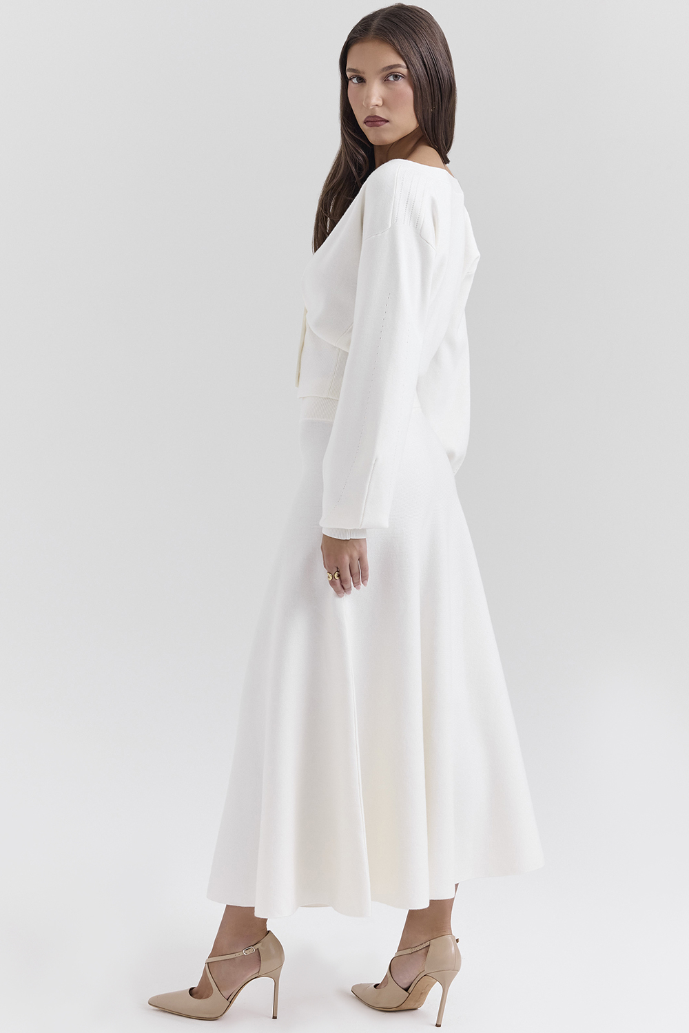 Solara Ivory Wool Mix Flared Midi Skirt - luluinthesky