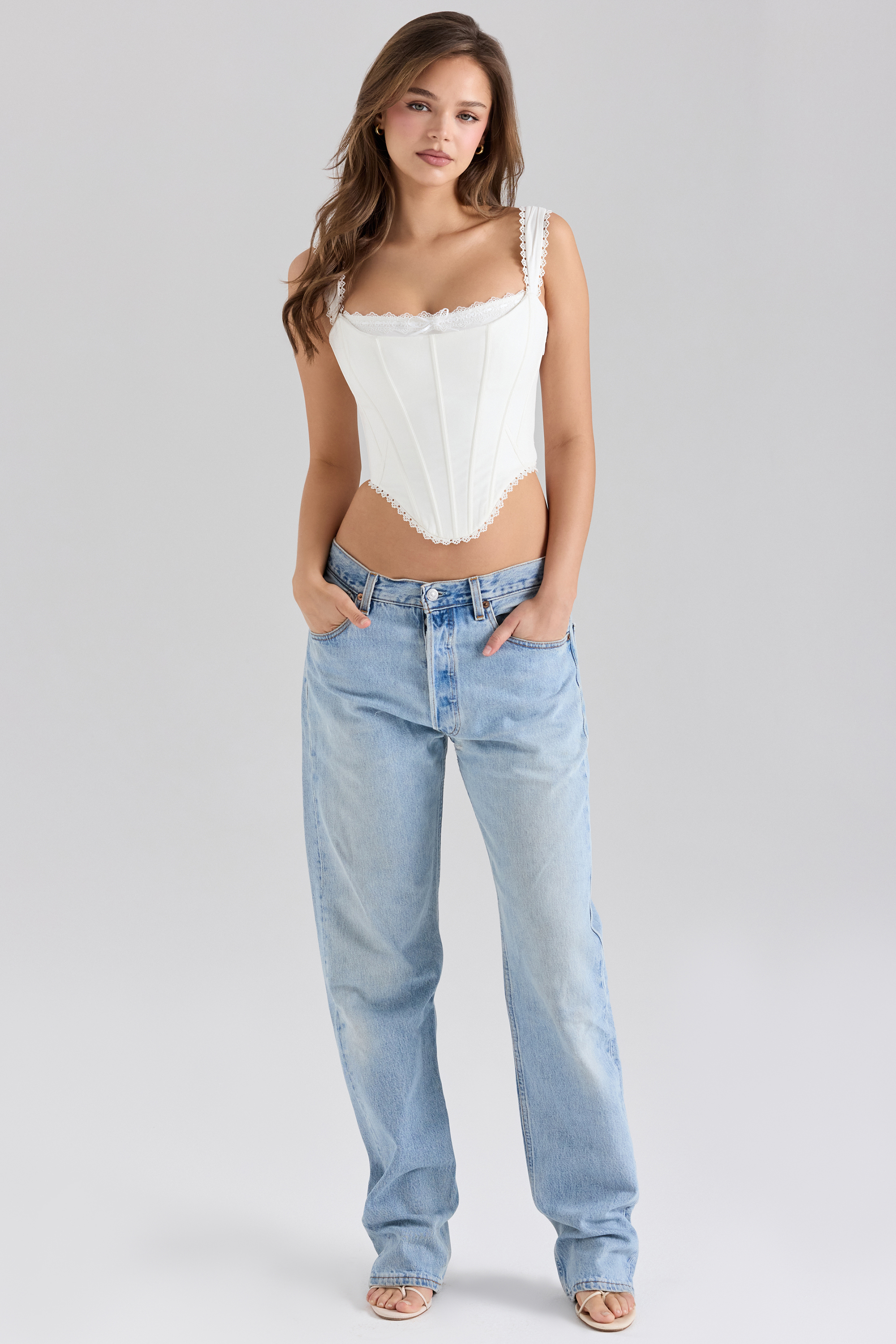 Adina White Stretch Cotton Scallop Trim Corset Top - luluinthesky