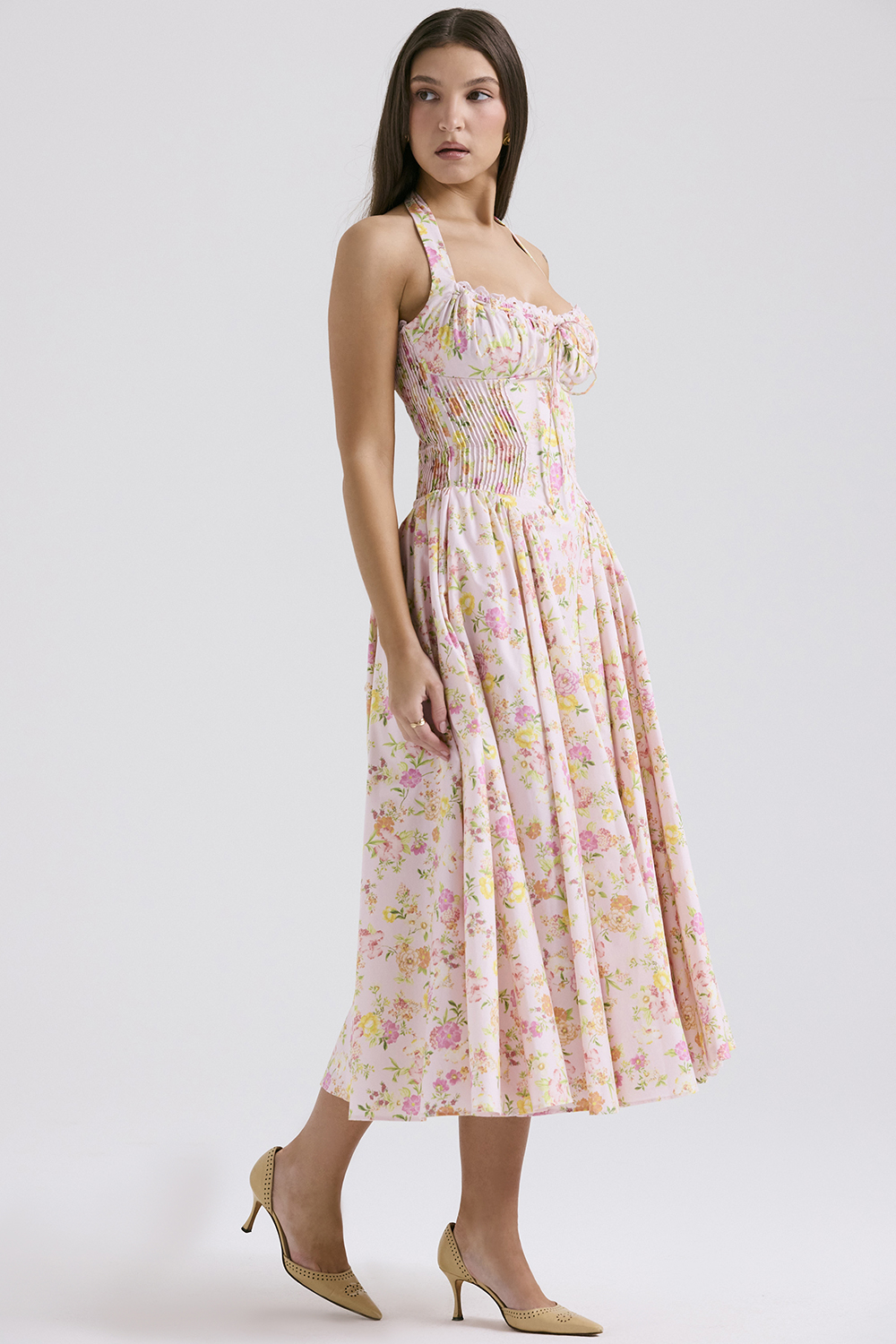 Adabella Pink Meadow Print Cotton Halter Midi Sundress - luluinthesky