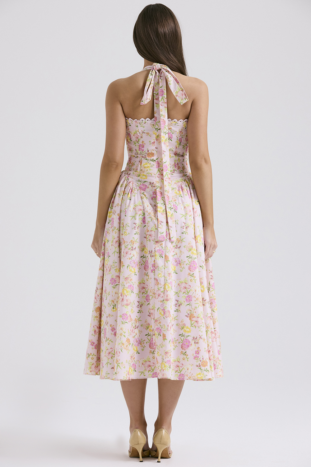 Adabella Pink Meadow Print Cotton Halter Midi Sundress - luluinthesky