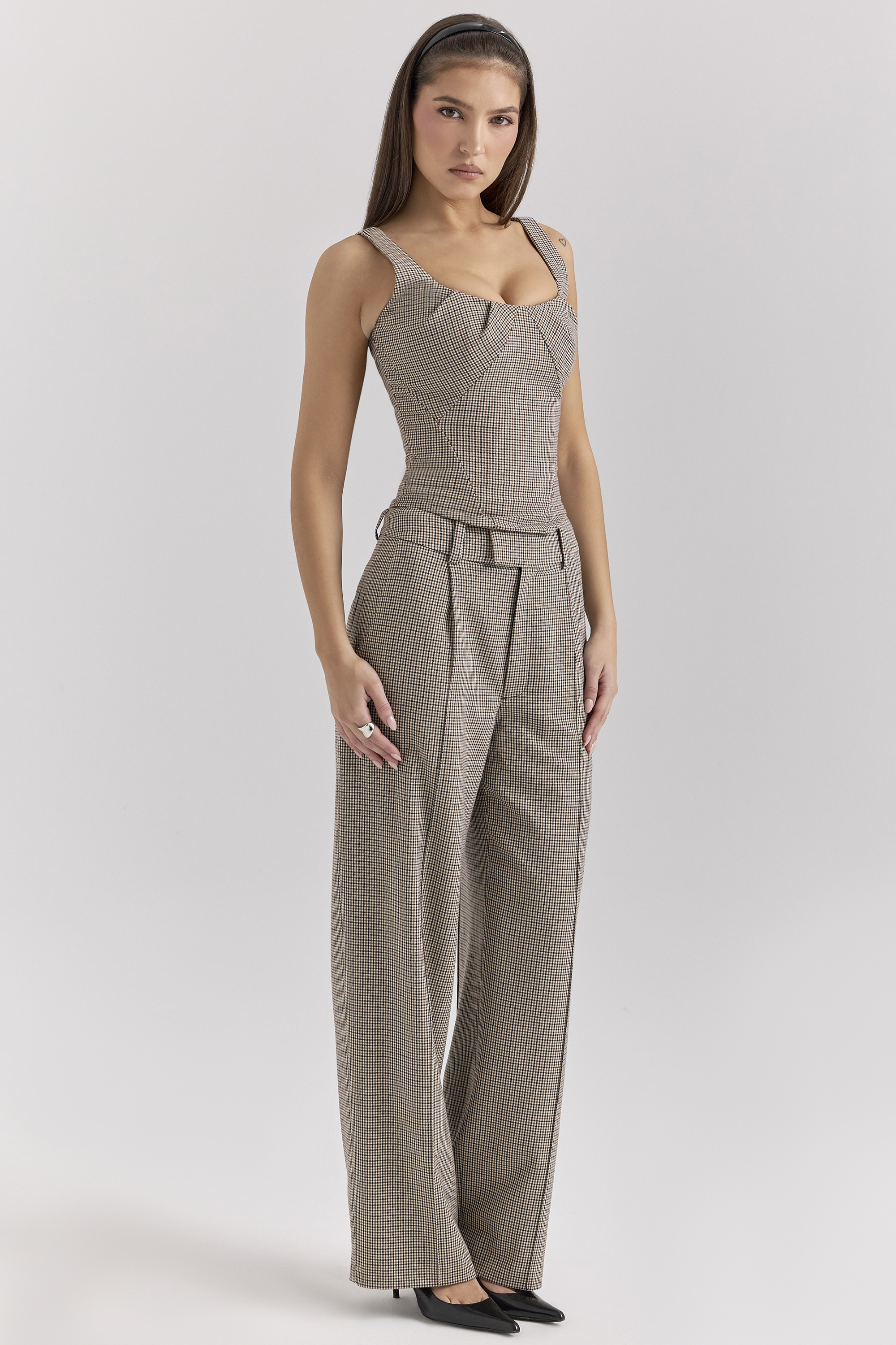 Hayden Brown Puppytooth Wide Leg High Waist Tailored Trousers - luluinthesky